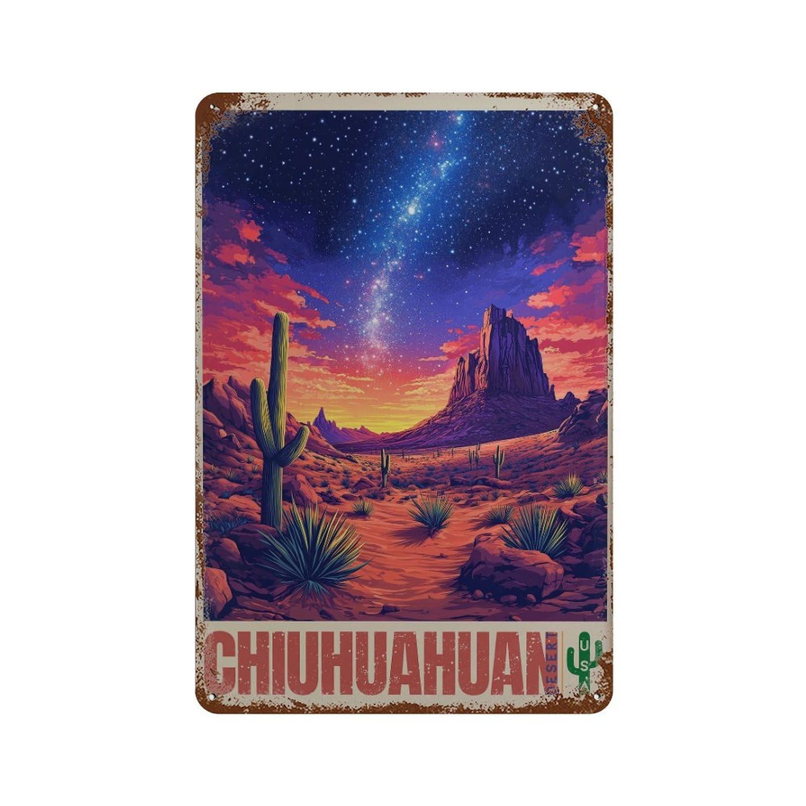 xiaoxiaoshen Chihuahuan Desert USA Travel Night Sky Vibrant Southwest Landscape Wall Decor Art Metal Tin Poster Modern Home Decor Art Home Bar Shop Decorations Vintage Sign 30x20cm