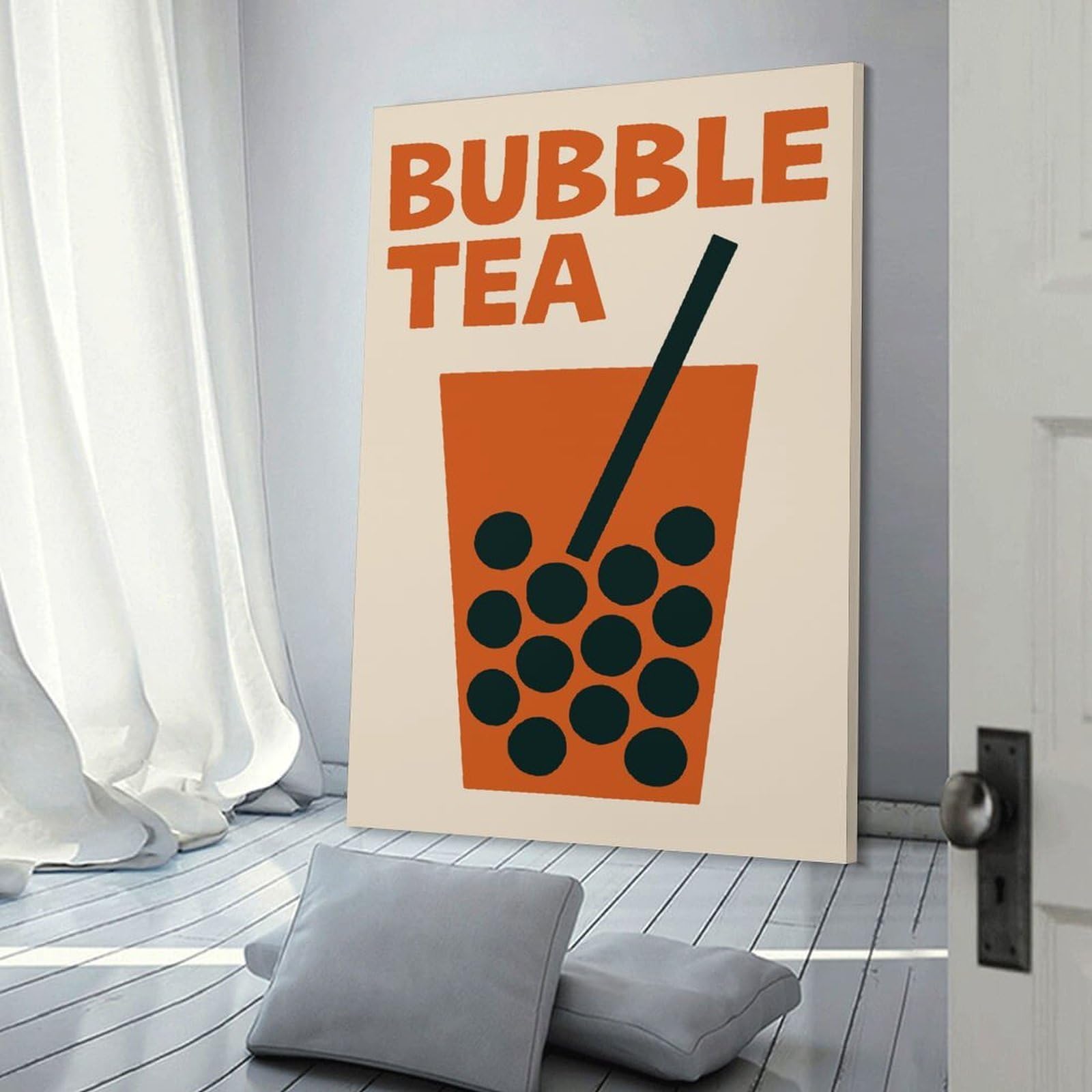Junmoney Bubble Tea Illustration Canvas Wall Art, 24x36inch(60x90cm), for Bedroom, Guest Room Or Reading Nook, Decorative Wall Art for Cosy Rooms
