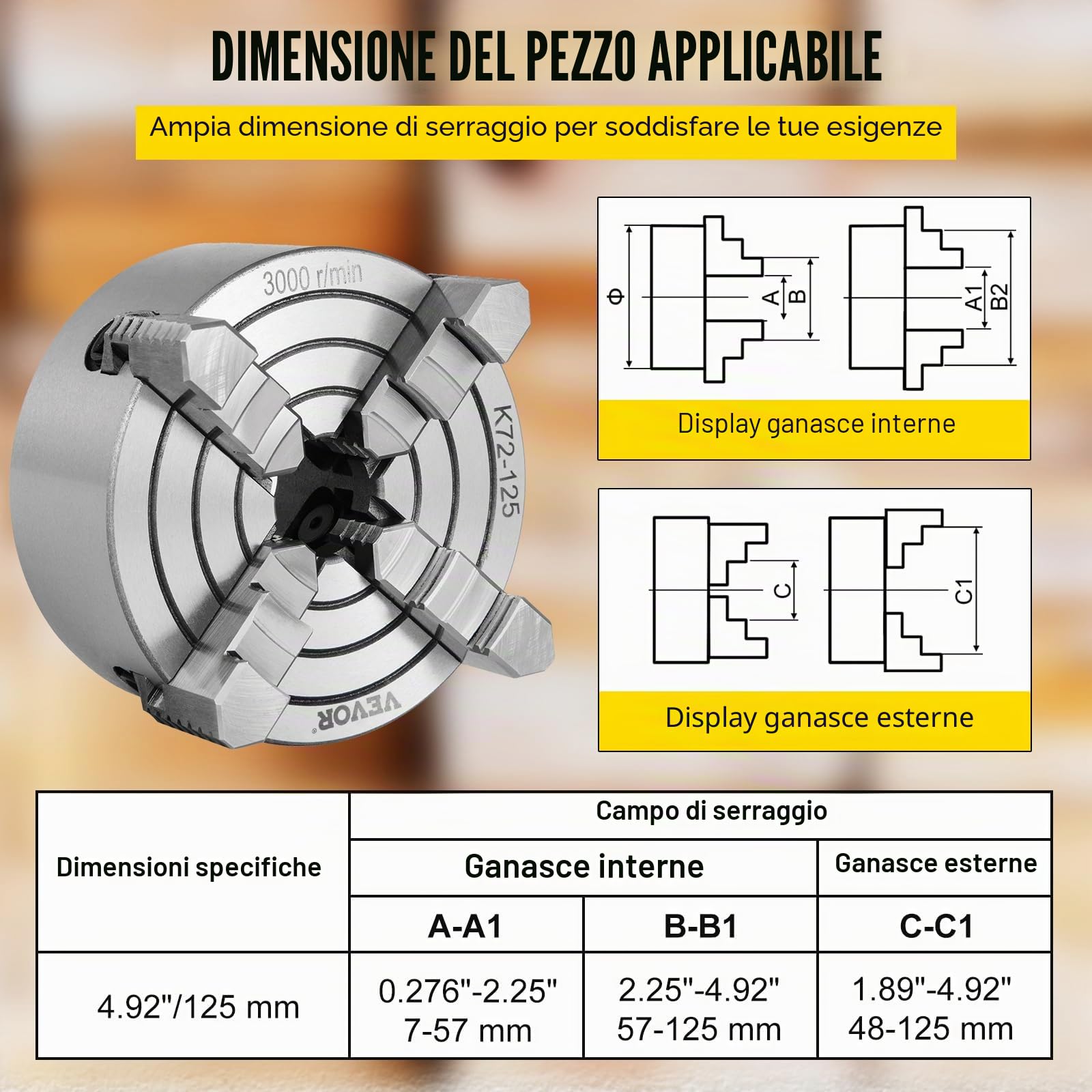 Mophorn Mandrino per Tornio Indipendente a 4 Griffe K72-125 - 5 Pollici 125 mm - Mandibola Reversibile per Metallo - Accessori per Macchina