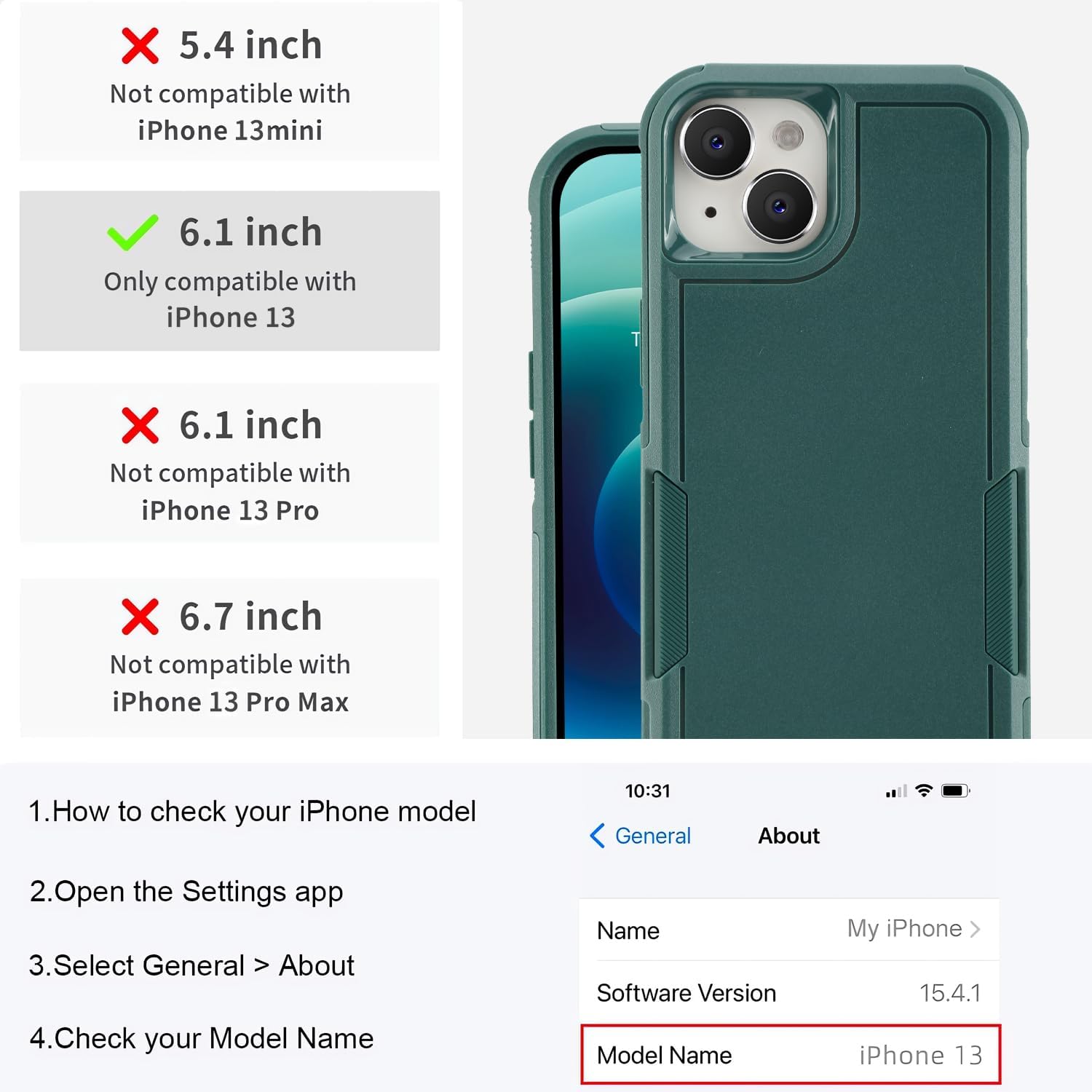 MAYCARI for iPhone 13 Case Heavy Duty Full Body Protective Phone Case Anti-Scratch Shockproof Dropproof Anti-Slip Phone Case Cover for Apple iPhone 13 Tough Rugged Dust Proof Phone Case - Green - Image 2