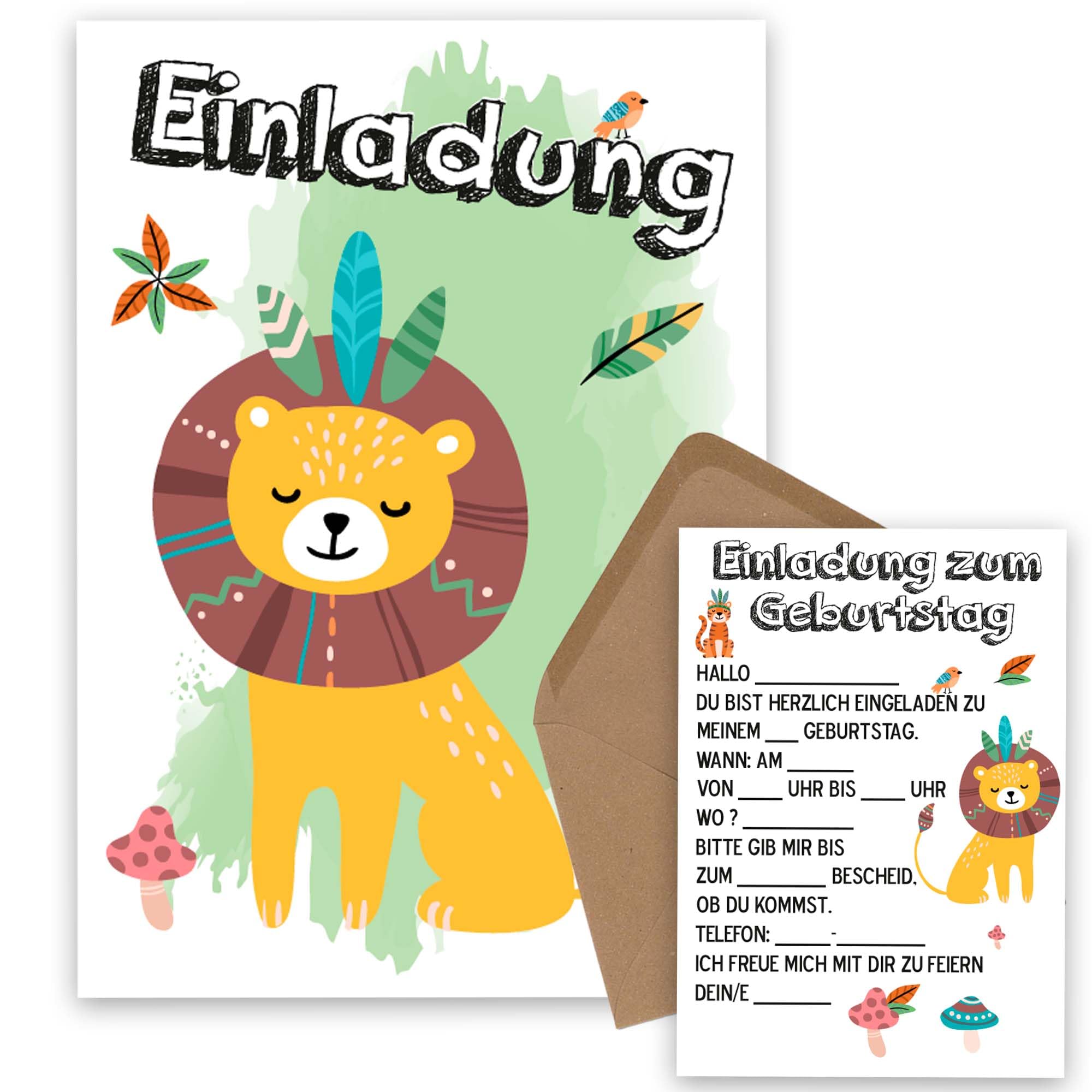 OWLBOOK Löwe Boho 50 Einladungskarten Kindergeburtstag Junge Mädchen Kinder - Wilde Tiere Geburtstag - Kindergeburtstagseinladungen Wald Tiere Zoo Dschungel Einladungen zum Ausfüllen mit