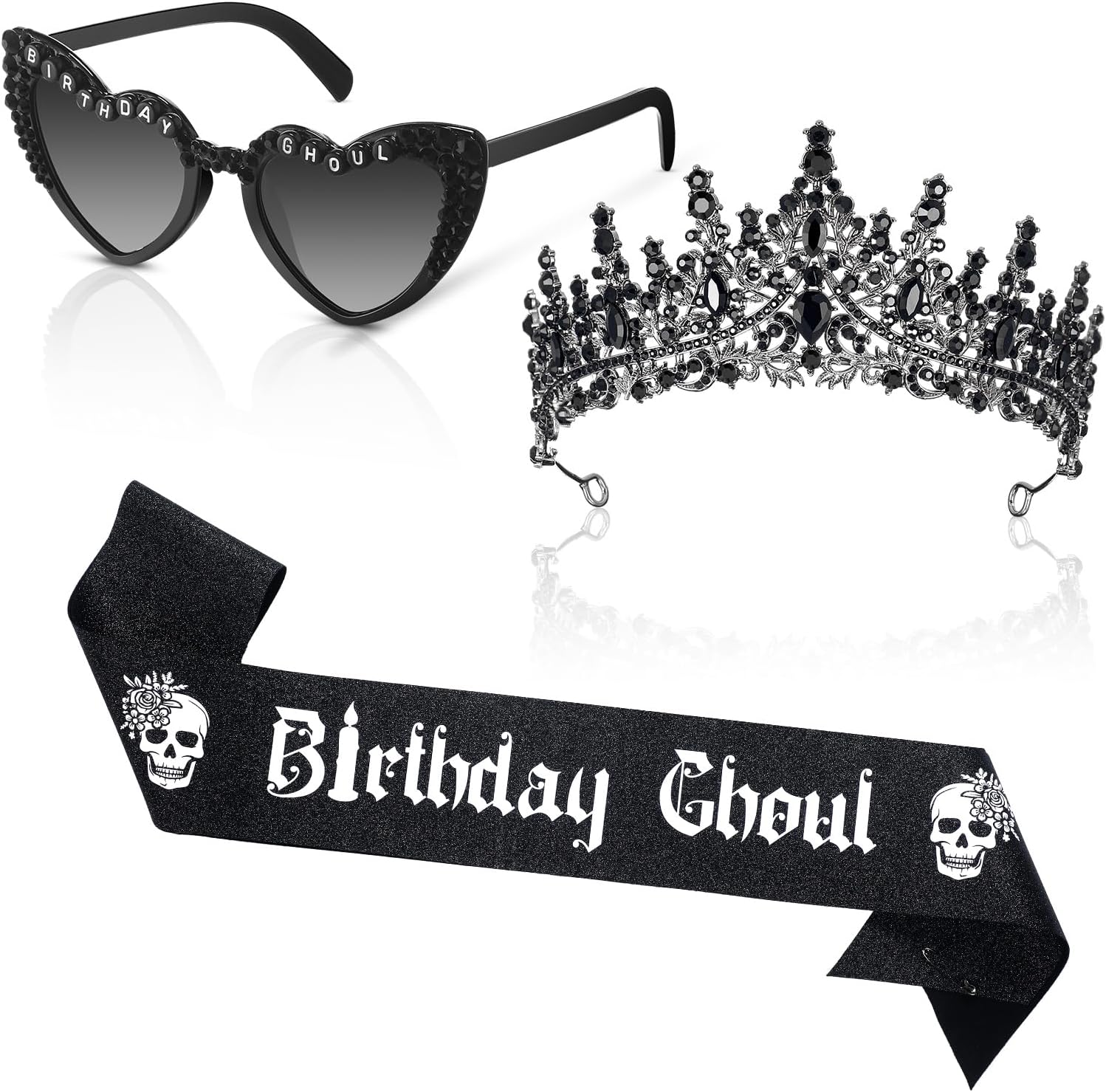Canlierr 3 Pcs Birthday Ghoul Party Accessories Set Gothic Black Sash Sparkling Diamond Crown Rip to My 20s Sunglasses for Women Ghost Spooky Emo Bday Costume Halloween Birthday Decor Gift(Classic)