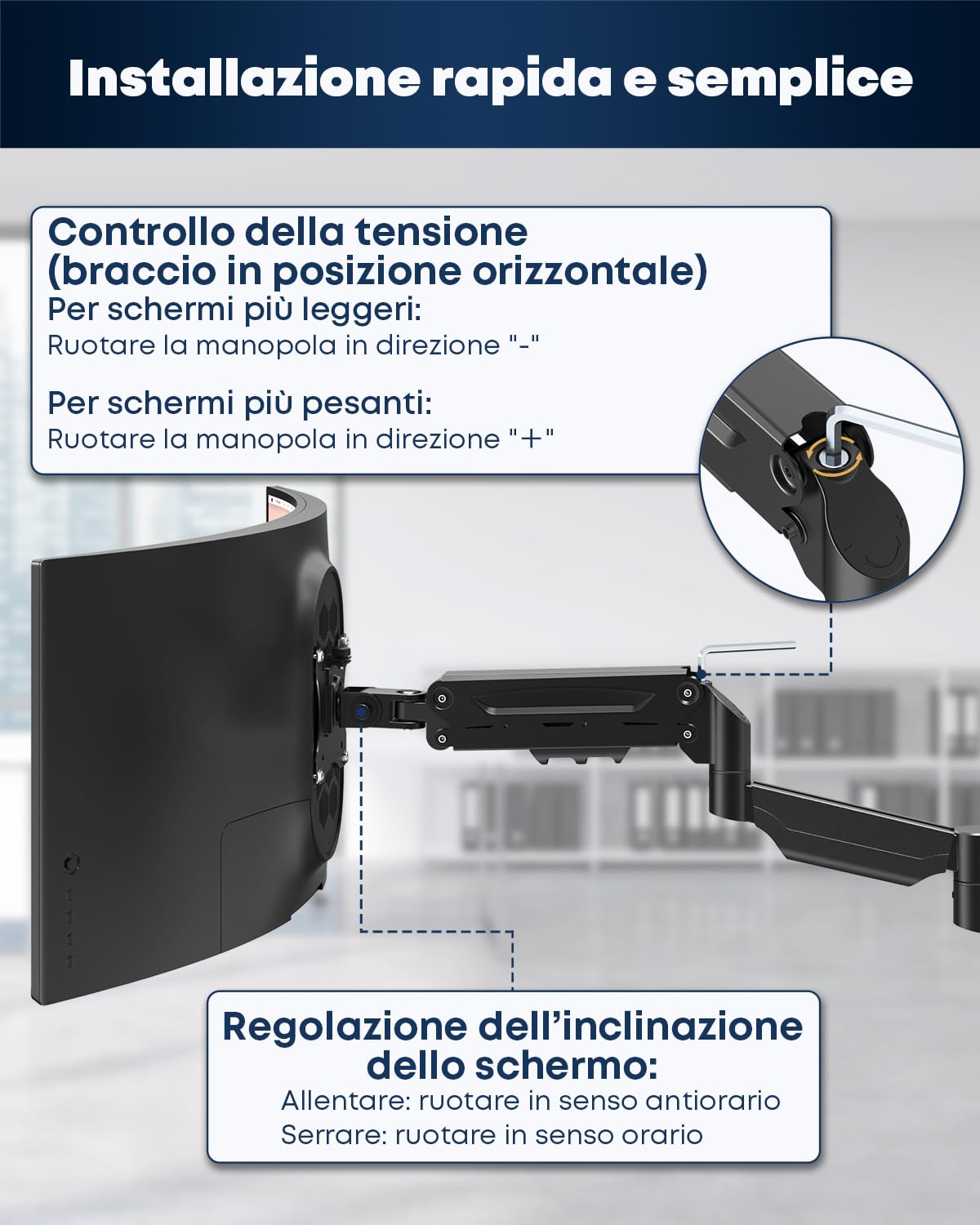 Supporto a muro per monitor con molla a gas 17–32" – Braccio extra lungo 76,9 cm, orientabile e regolabile in altezza, VESA 75/100, fino a 9 kg