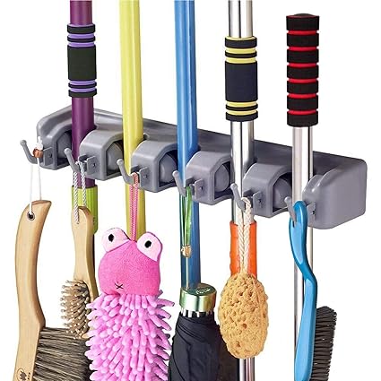 GENKO Magic Plastic Multipurpose Wall Mounted Hanging Organizer Broom Holder Stand 5 Positions with 6 Hooks Holder Broom and Mop Organizer (Multicolour)