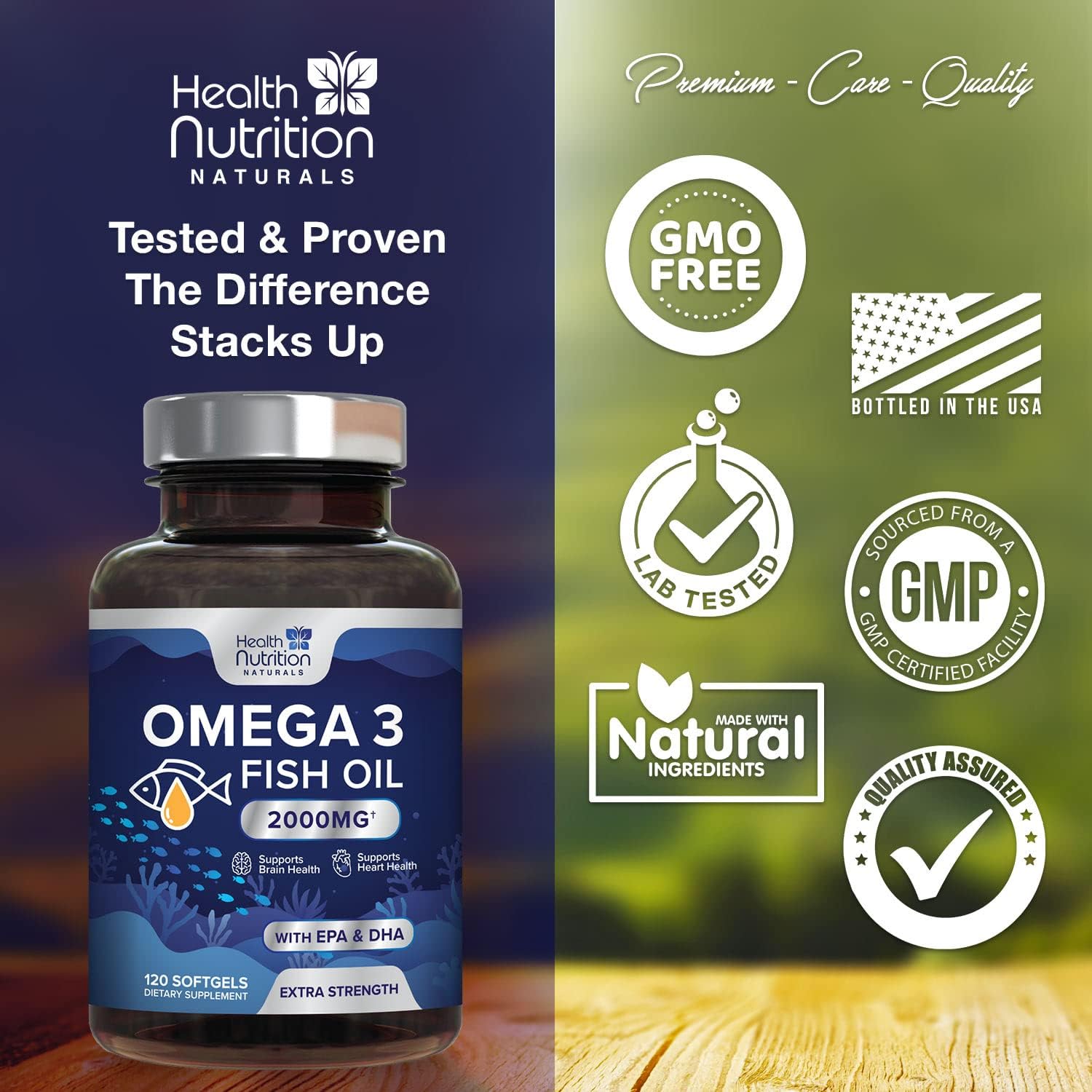 Omega 3 Fish Oil - Triple Strength EPA & DHA Fatty Acids - Natural Support for Brain & Heart Health, Fish Oil Joint Support Supplement - Non-GMO, Burpless Lemon Flavor Health Nutrition - 120 Softgels