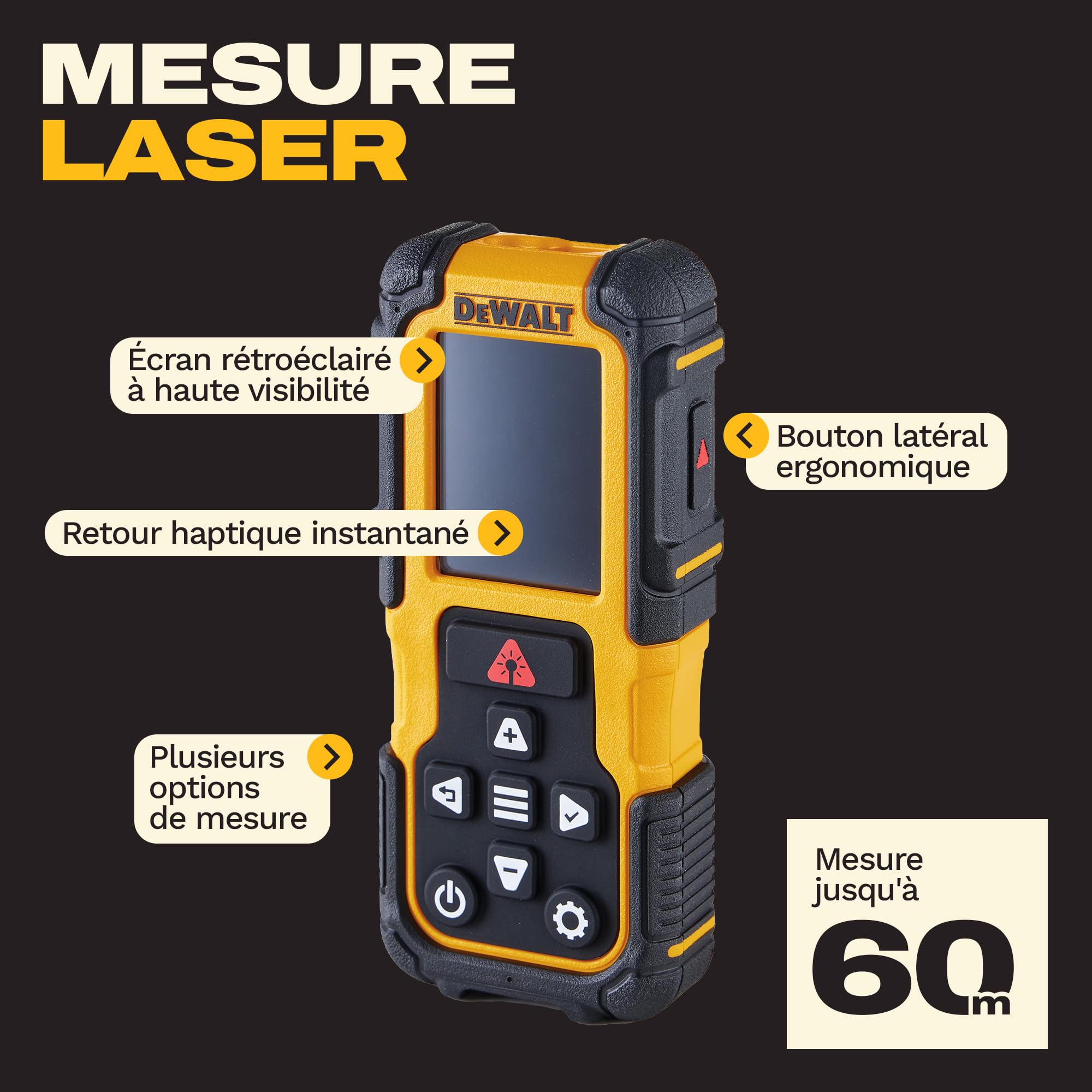 DEWALT Télémètre Laser 60 m à Piles Alcalines, DWHT77200-XJ