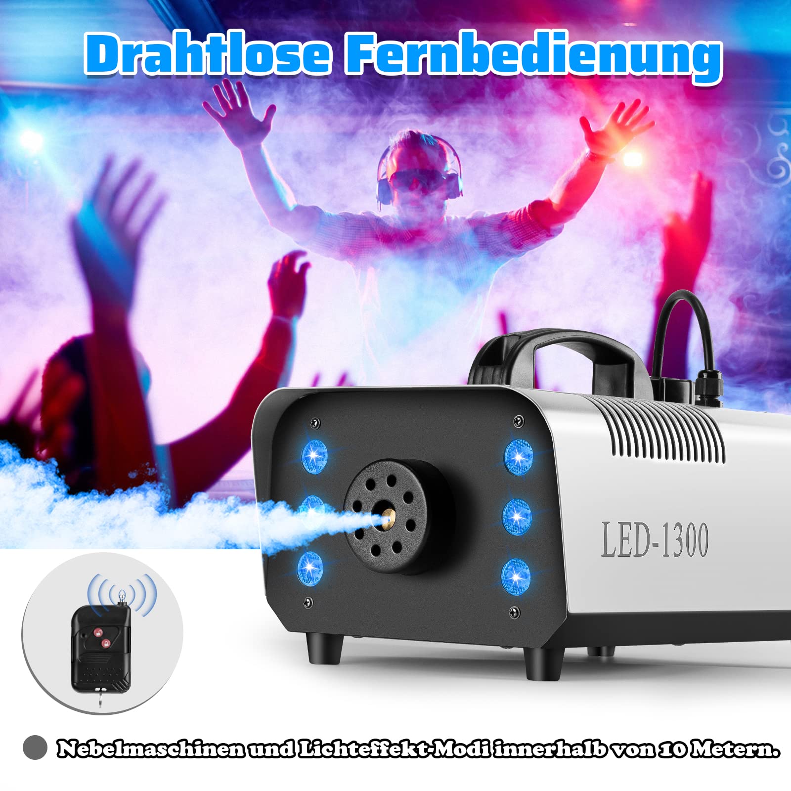 Machine à fumée 1300 avec effet RVB, 13 couleurs, 6 LED, mini fumée, avec 2 télécommandes filaires et sans fil pour DJ, discothèque, Halloween, mariages, Noël