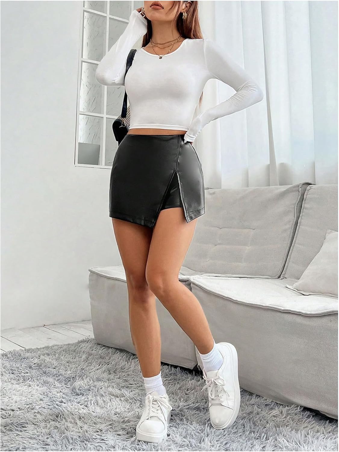 Floerns Women's High Waisted Skorts PU Leather Going Out Outfit Club Skirt Shorts - Image 3