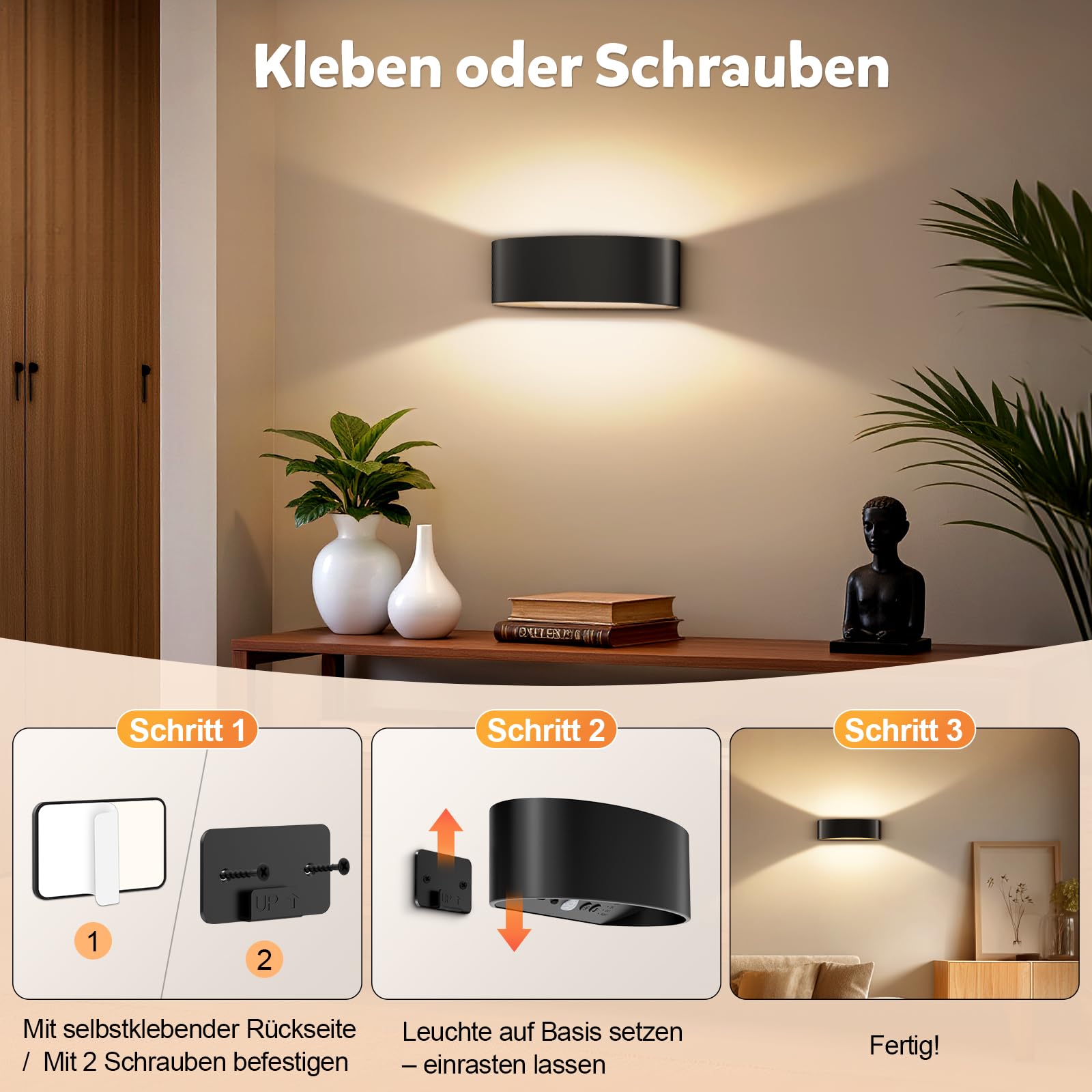 SNADER Akku Wandleuchte Innen/Aussen mit Bewegungsmelder & Fernbedienung 3 Farbtemperatur Wandlicht und 15 Farboptionen, Kabellose Wandlampe Innen Batterie mit Schalter, Aufladbare Wandlampe Dimmbar