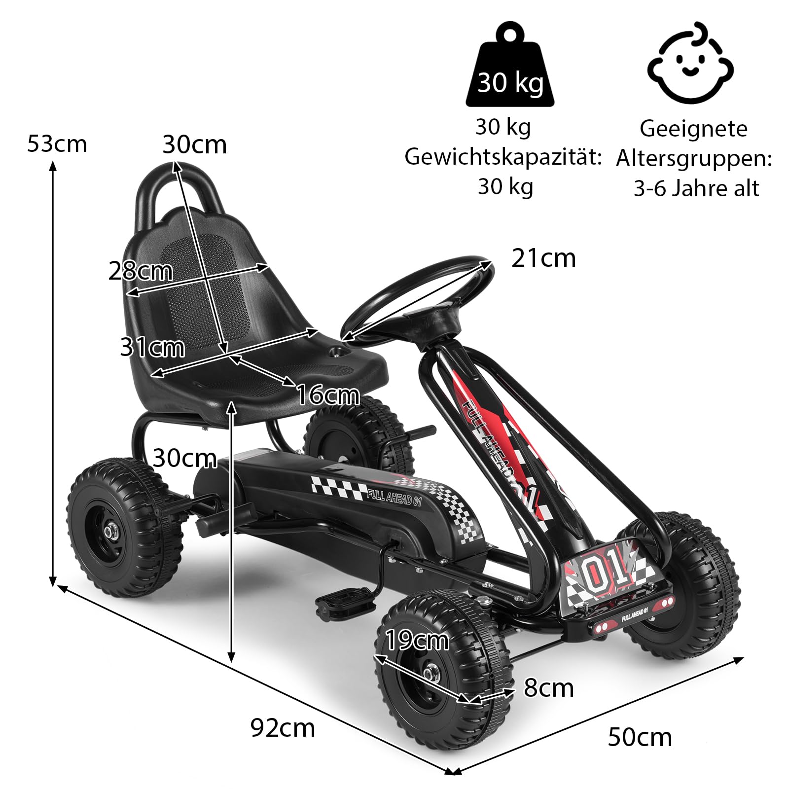 COSTWAY Gokart mit verstellbarem Sitz, Go Kart mit Handbremse, Tretauto bis 30 kg belastbar, Pedal Go Cart, Tretfahrzeug, Pedalfahrzeug, Kinderfahrzeug für Kinder ab 3 Jahren (Schwarz)