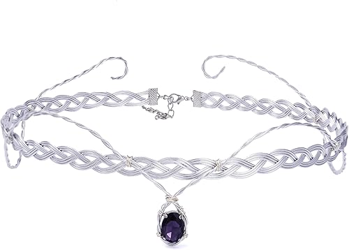 Coteeza Handmade Braided Crown Circlet Viking Headband Fairy Sliver V-sharped Headpiece Purple Pendant Tiara Royal Cosplay Hair Accessory Medieval