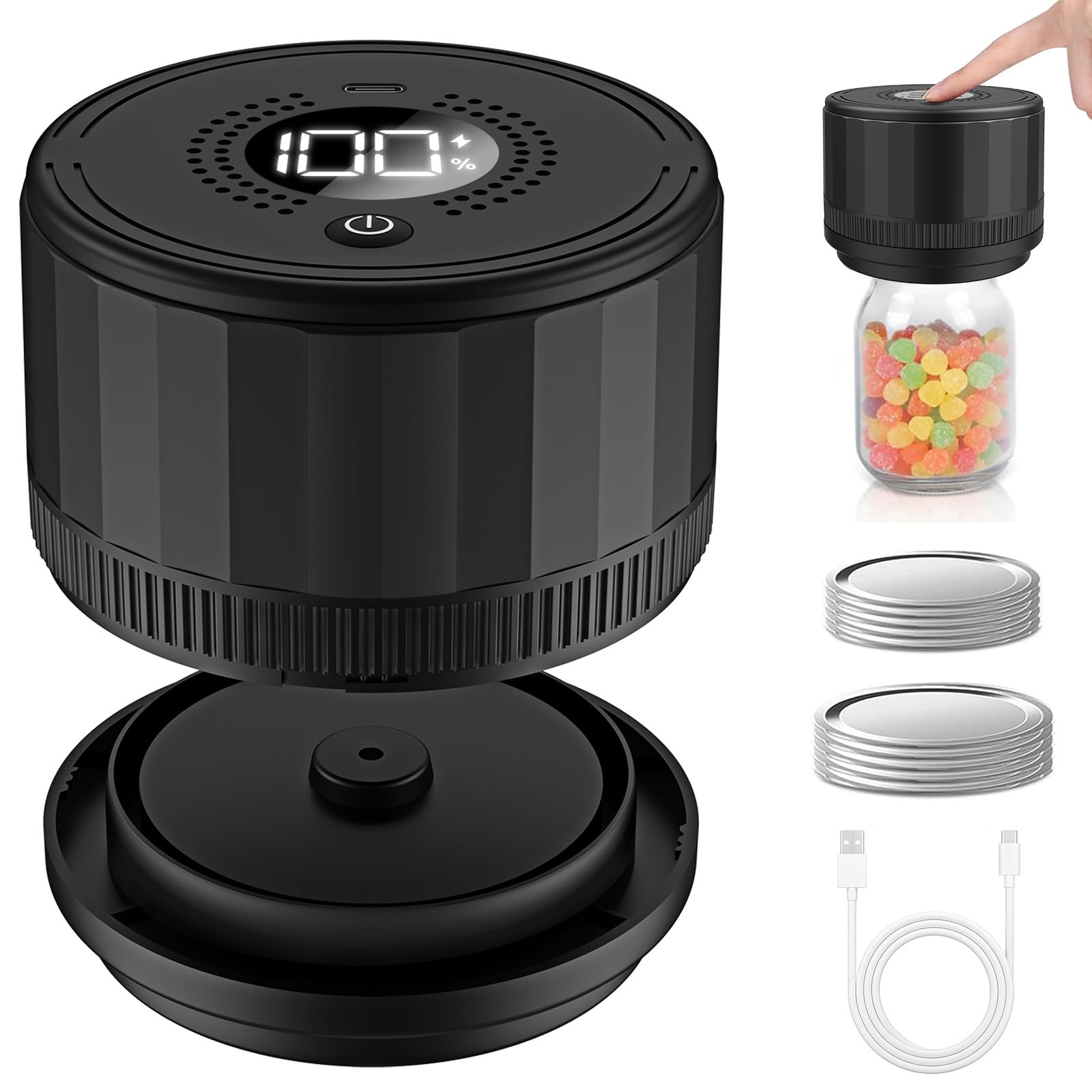 Sellador al vacío de tarros Mason, Kit de Sellado al vacío de Alimentos con Parada automática, Recargable por USB, máquina de Sellado al vacío para Almacenamiento y fermentación de Alimentos