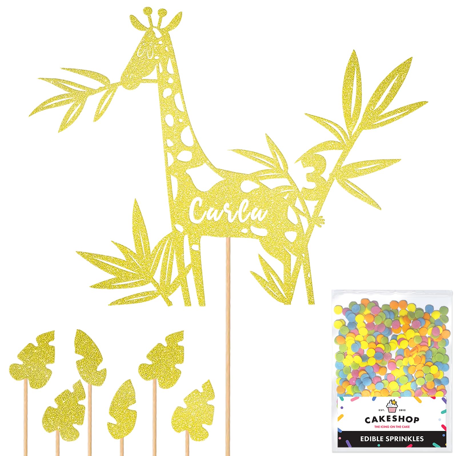 Personalised Jungle Giraffe Glitter Cake Topper Champagne Any Custom Age & Name Glitter Cake Decoration and Sprinkles - Happy Birthday Decorations - Personalised Toppers for Cakes by Cakeshop