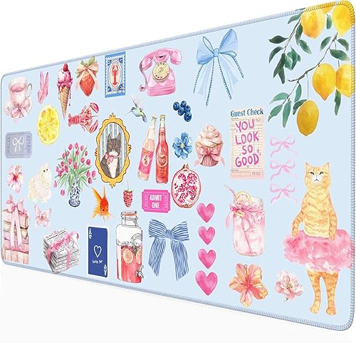 Tapete de escritorio azul lindo Kawaii Cat Mouse Pad Retro Vintage Grande XXL Alfombrilla estética floral decoración de escritorio de oficina para