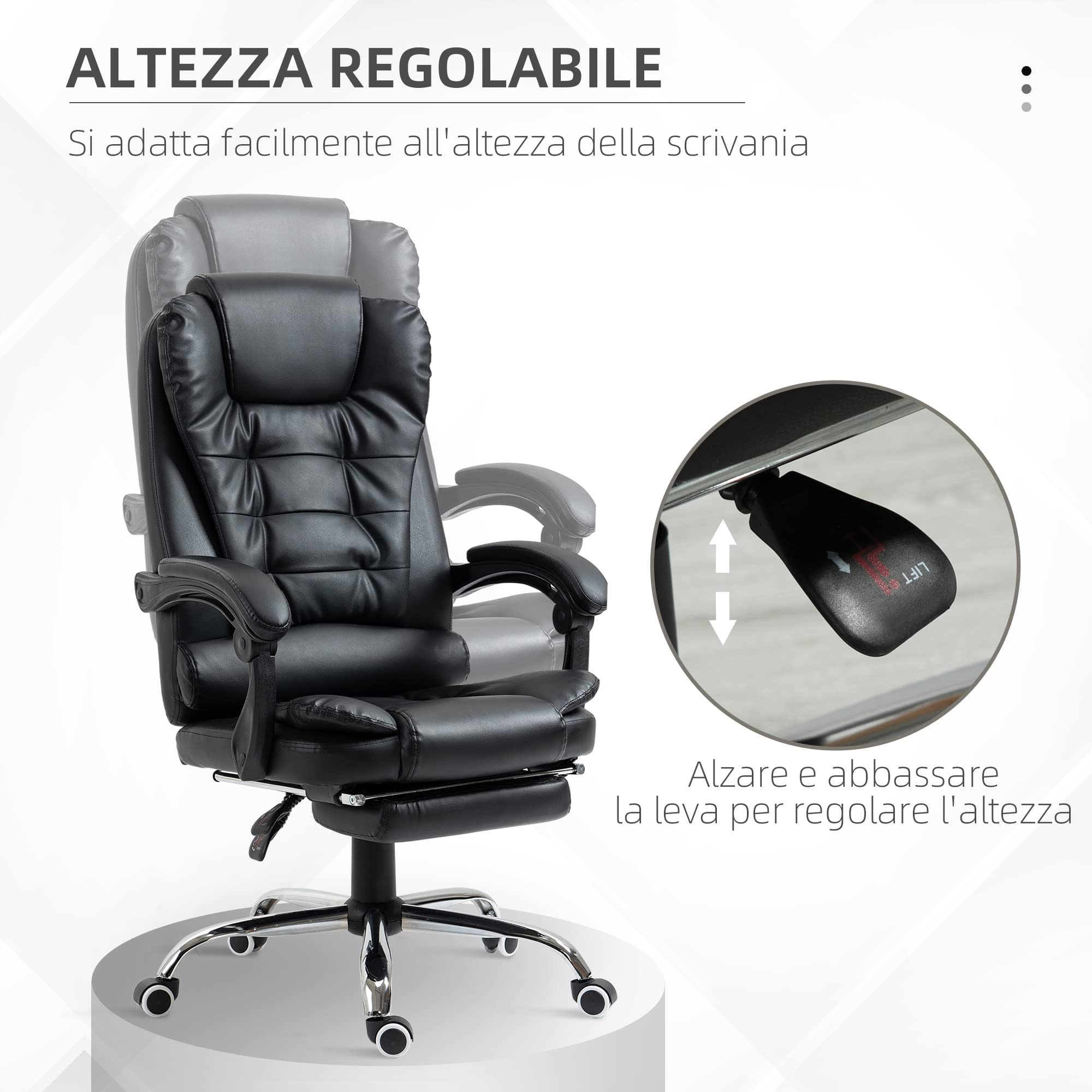 HOMCOM Sedia da Ufficio Ergonomica Presidenziale in Pelle PU con Supporto Lombare, Poltrona da Ufficio Girevole con Schienale Alto Reclinabile 145°, Altezza Regolabile e Poggiapiedi Estraibile, Nero