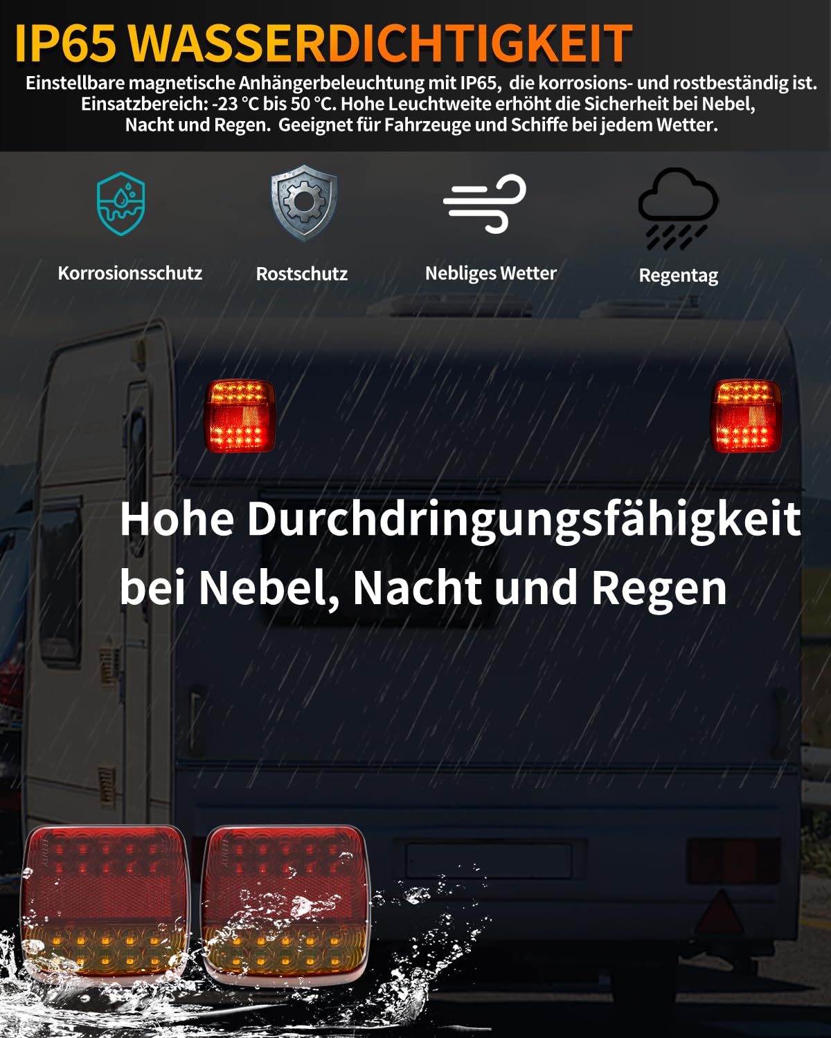 Anhänger Rückleuchten magnetisch drahtlos, Anhänger Rückleuchten mit Fahr-/Blink-/Bremslicht, starke Durchdringung bei Regen, 7-Pin 12V-24V, für Anhänger, PKW, LKW, Lastwagen, Wohnmobile