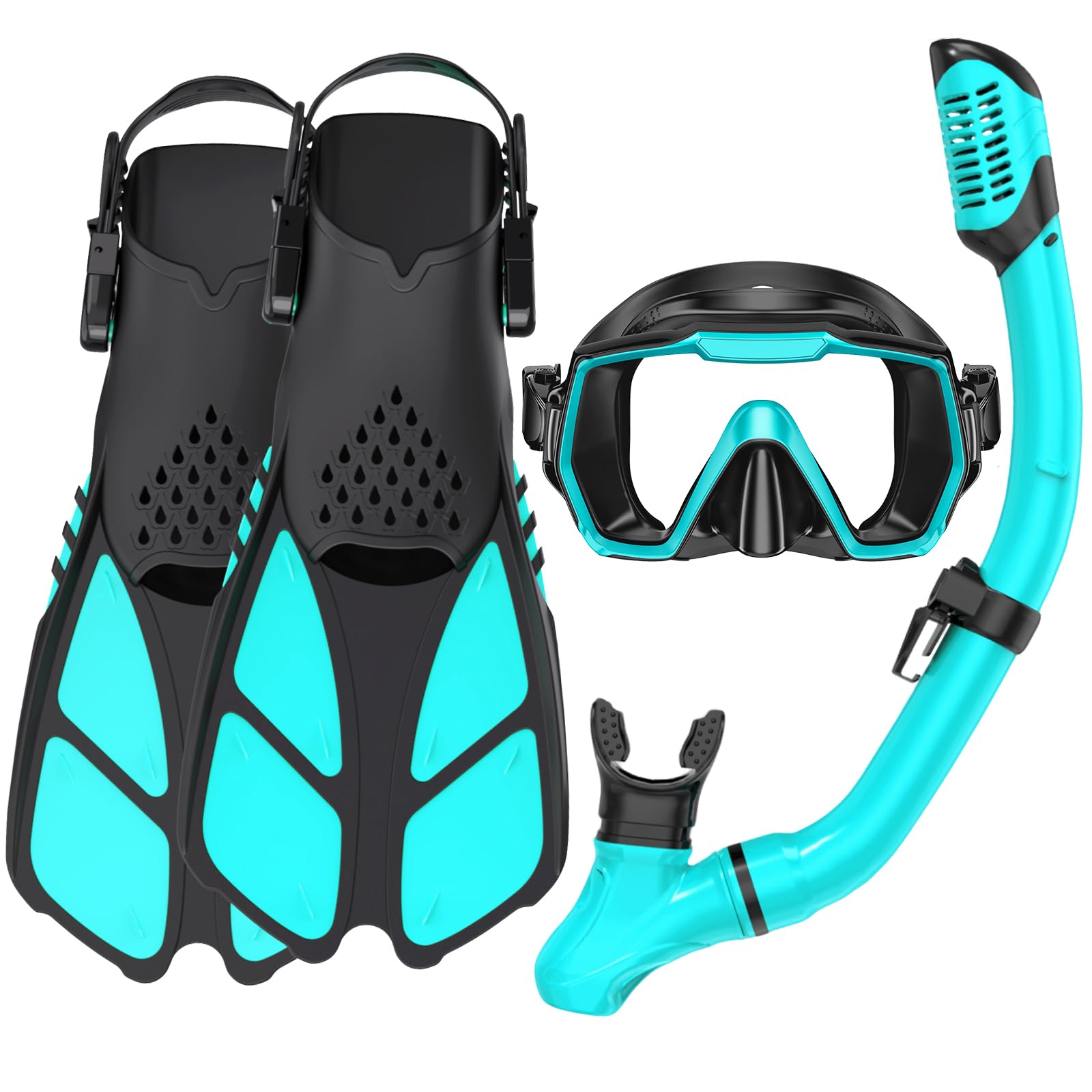 Adults Mask Snorkel Fins Set, Snorkeling Gear for Adult with Fins, Snorkel Sets with Flippers, Adult Anti Leak Scuba Gear with Adjustable Fins Diving Mask Full Dry Top Snorkel with Travel Bags