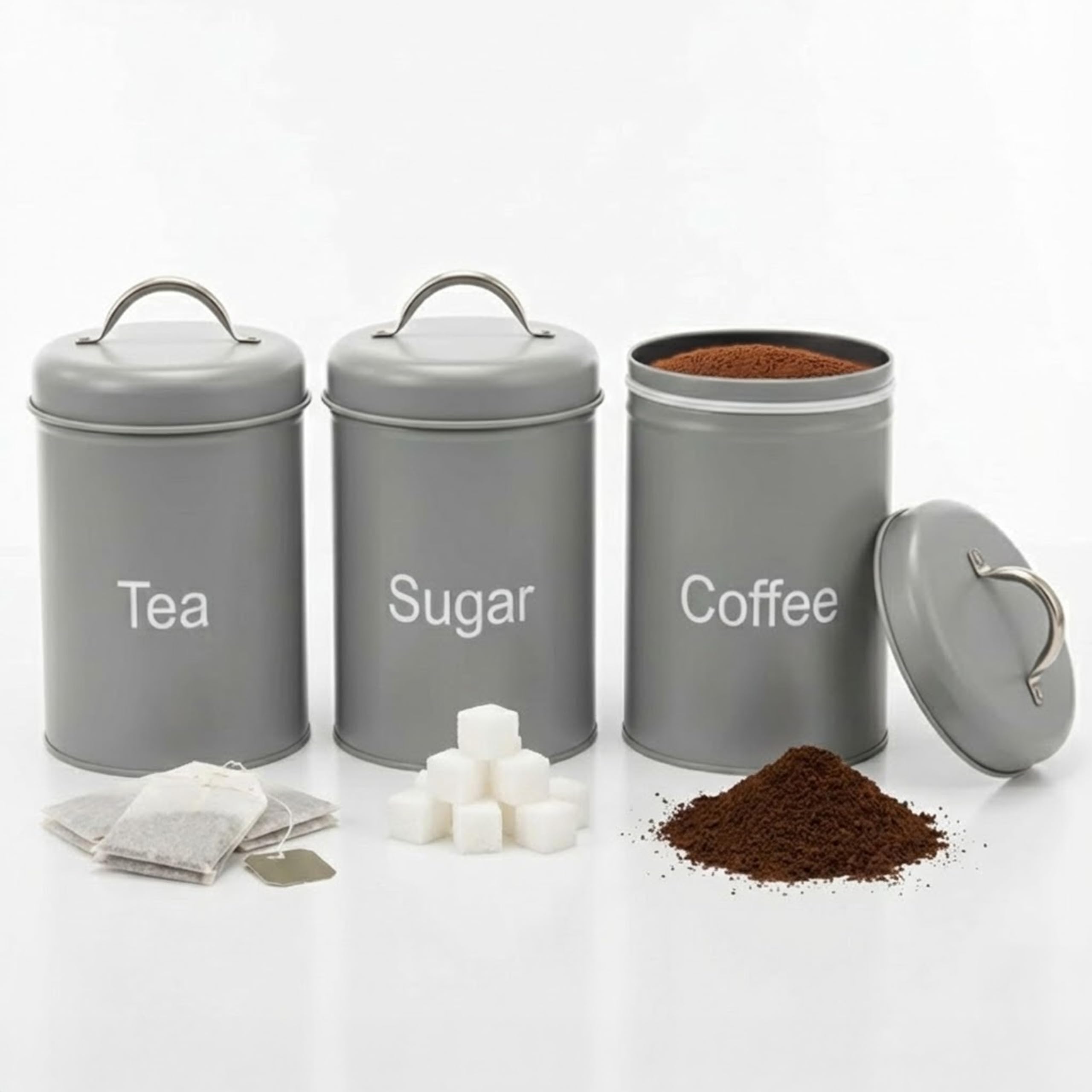 ADEPTNA 3-Piece Tea Coffee Sugar Canister Set โ Airtight Metal Kitchen Storage Jars with Lids โ Durable Round Food Containers โ Easy Clean, Minimal Modern Design for Home, Office & Camping (GREY)
