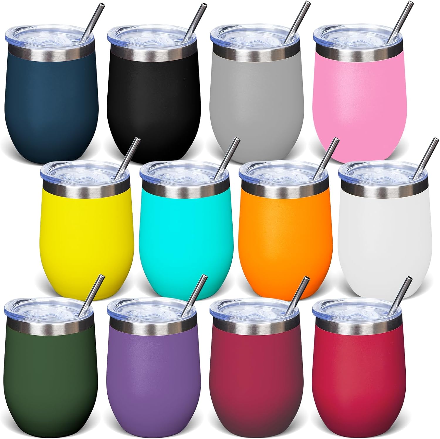 12oz Stainless Steel Wine Tumbler with Lid & Straw, Double Wall Vacuum Coffee Mug Insulated Tumbler Cup for Champaign, Cocktail, Beer, Coffee - 12 Pack