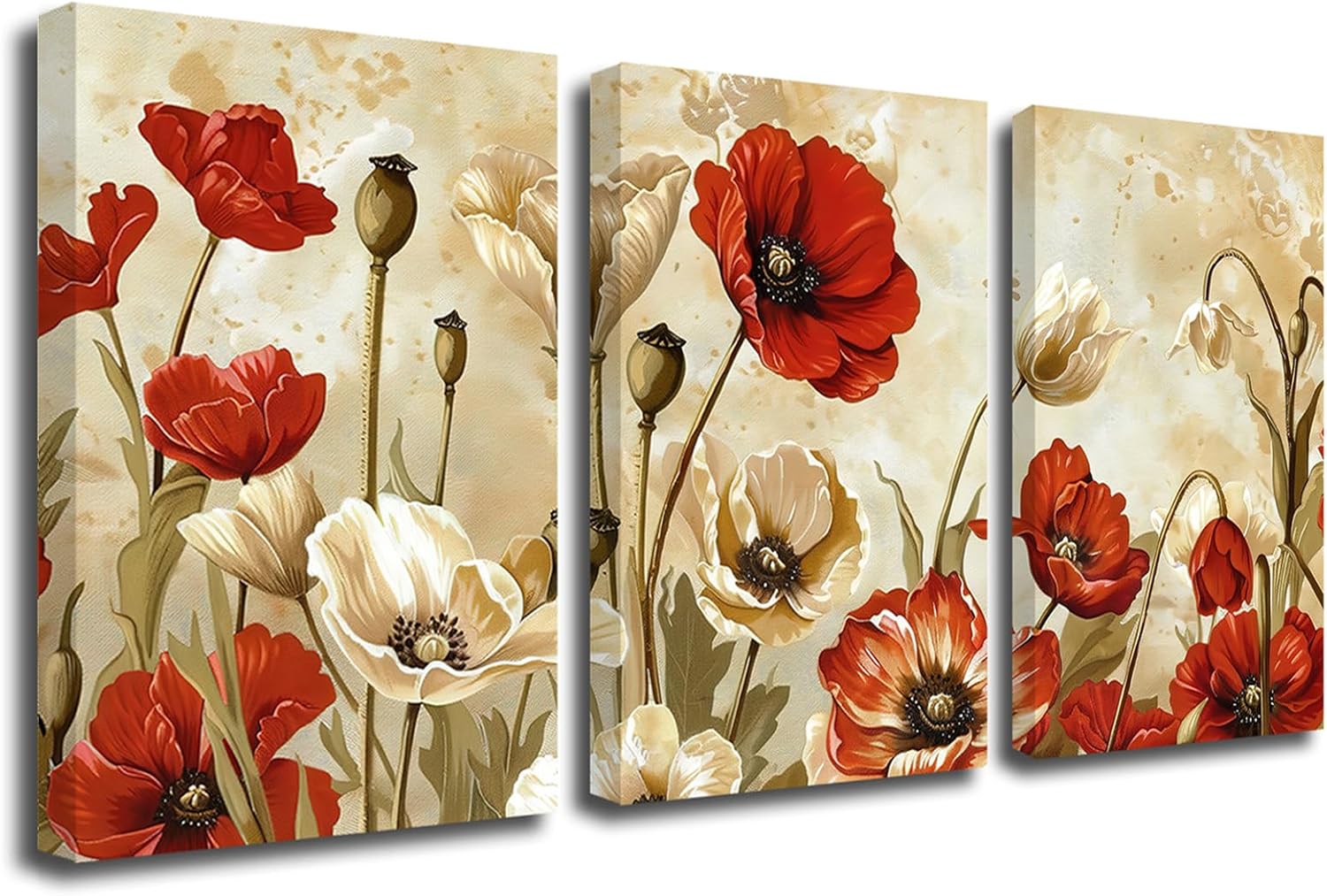 PBXBJY Lienzo decorativo para pared, diseño de amapolas rojas, 3 piezas, color marrón, rústico, floral, decoración de pared vintage para baño y