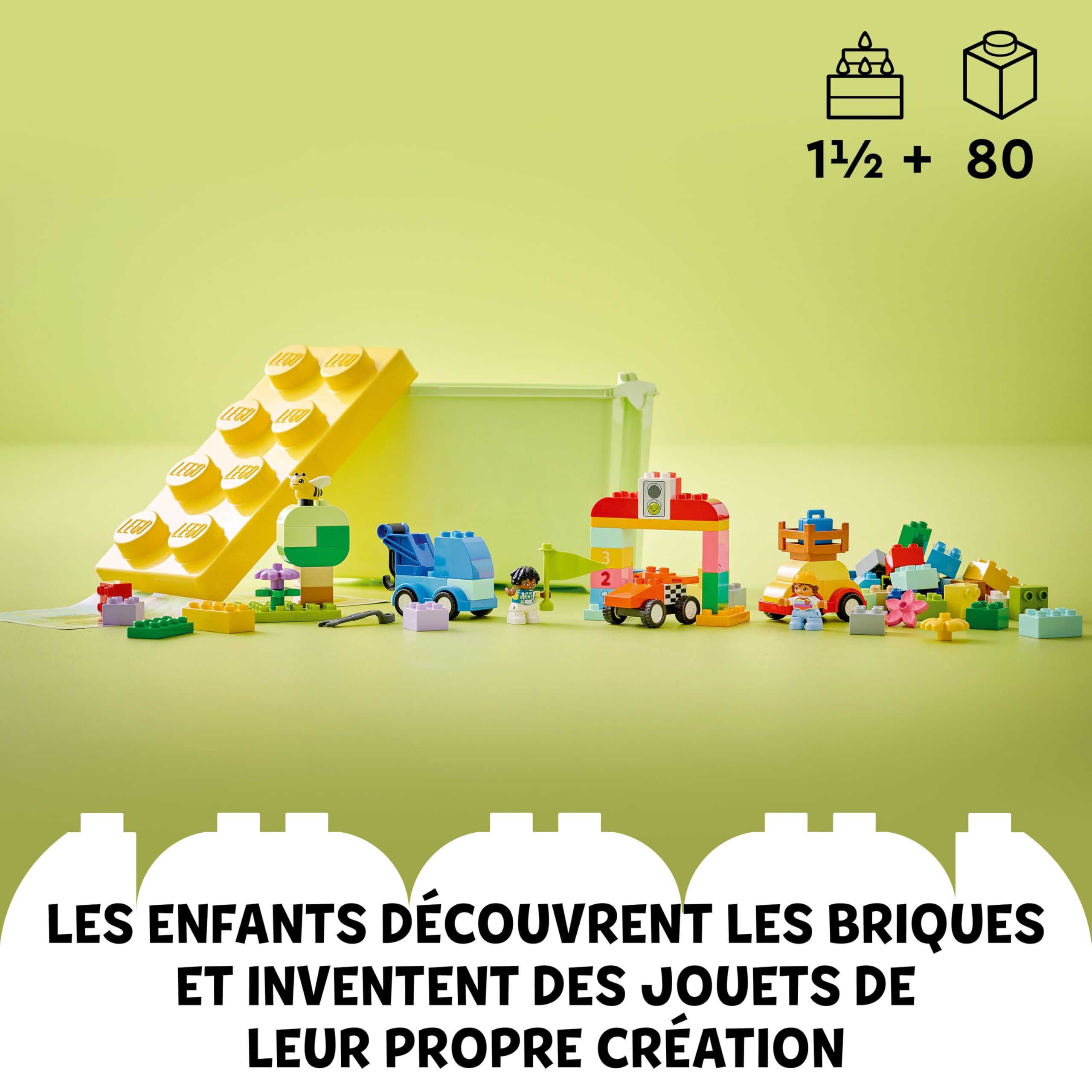 LEGO Duplo Classic La Boîte de Briques Voitures et Camions - Jouet Éducatif Garçon ou Fille dès 1 an - Jouet d'Éveil pour Bébé - Briques 1-2-3, 2 Figurines & 3 Véhicules sur Roues - Idée Cadeau 10439