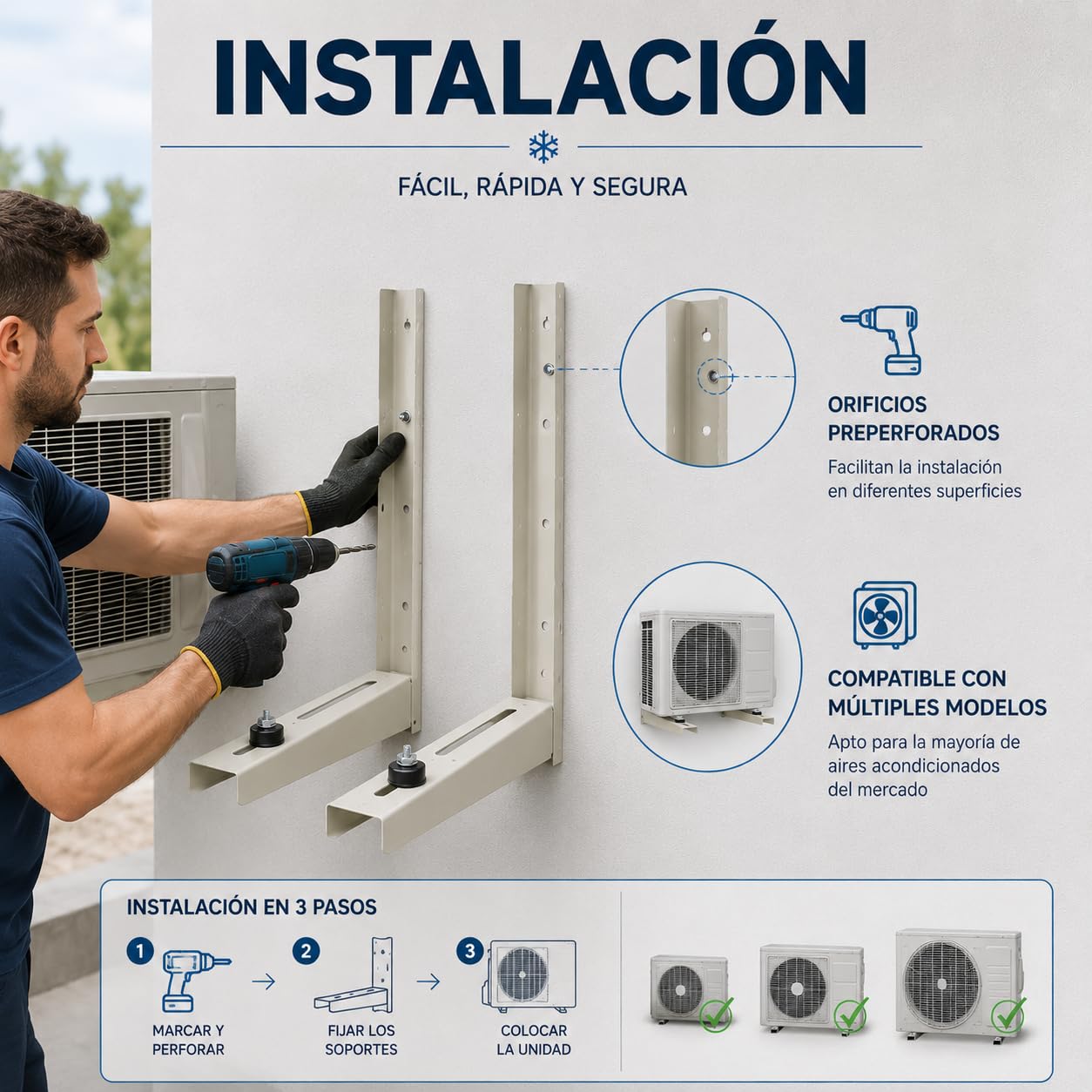 Juego de Soporte Exterior para Unidad de Aire Acondicionado 500x450x55x1,5 mm Estructura Soldada Pack Antivibradores