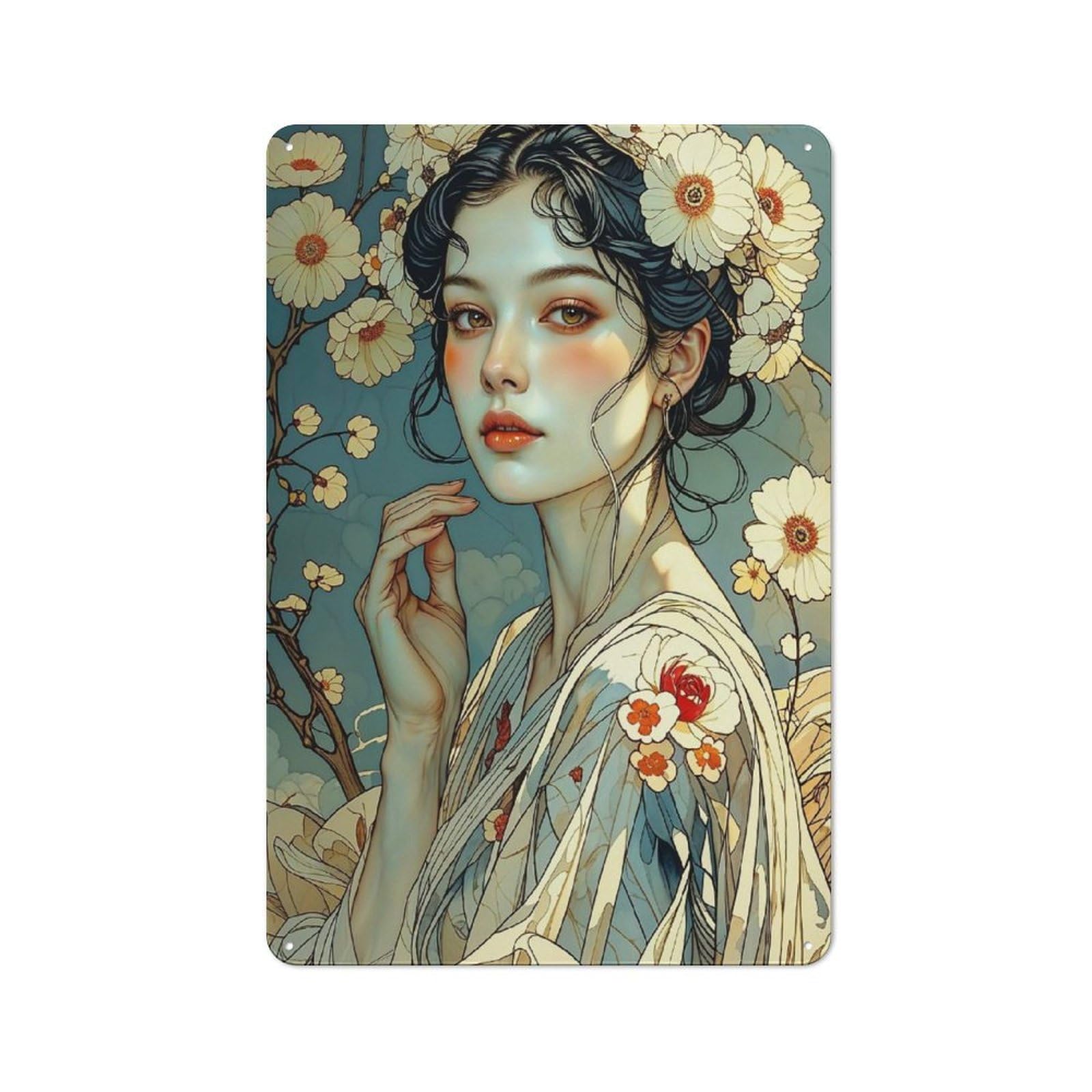 Junmoney Anime Manga Style Woman In Kimono Cottage Style Metal Wall Decor 30X20cm, Tin Wall Plaque For Kitchen, Cottage, Porch Or Garden Room