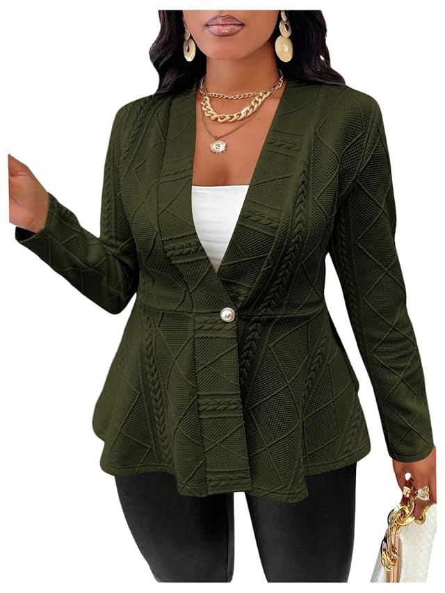 Milumia Womens Plus Size Textured Button Down Blazer V Neck Ruffle Hem Jacket