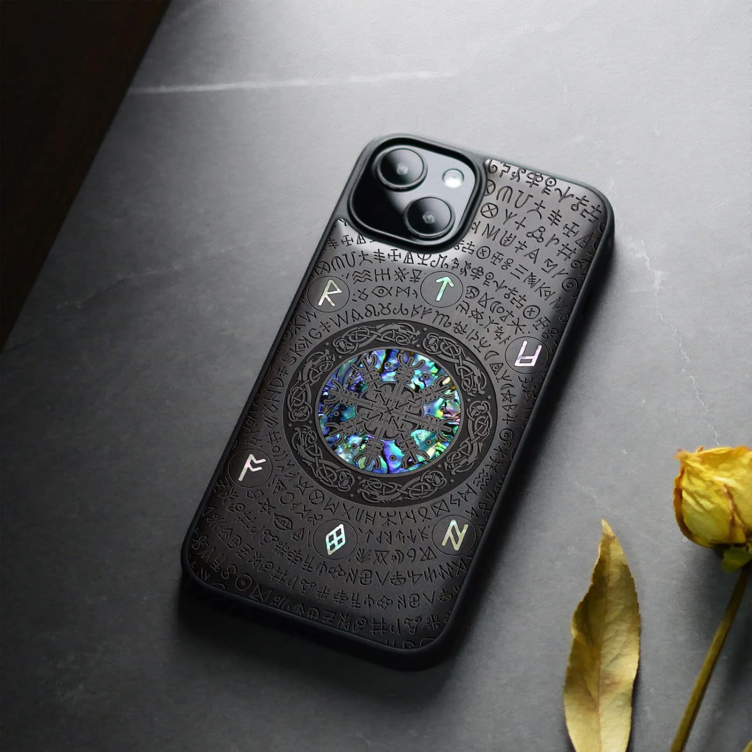 Carveit Designer Wooden Protective Case for iPhone 13 Magnetic Cover [Wood Engraving & Shell Inlay] Wood Phone Case Compatible with iPhone 13 MagSafe 6.1 Inch (Viking-Blackwood) - Image 4