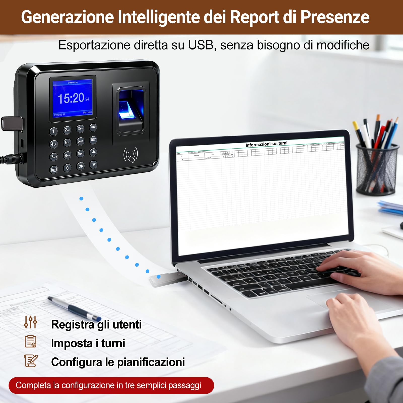 Orologio Marcatempo Biometrico per Piccole Imprese – 3-in-1: Lettore Impronte Digitali, Badge RFID (10 Inclusi), Codice PIN – Timbratrice Presenze Dipendenti senza WiFi, 0 Spese Mensili
