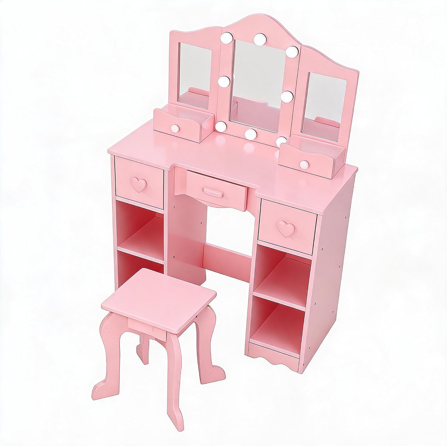 IDEALHOUSE Children's Wooden Dressing Table - Dressing Table with 3 LED Mirrors, 5 Drawers, 4 Shelves, 3 Boxes & Anti-tilt Design, Includes Stool - Princess Dresser for Girls 3-6 Years, Pink