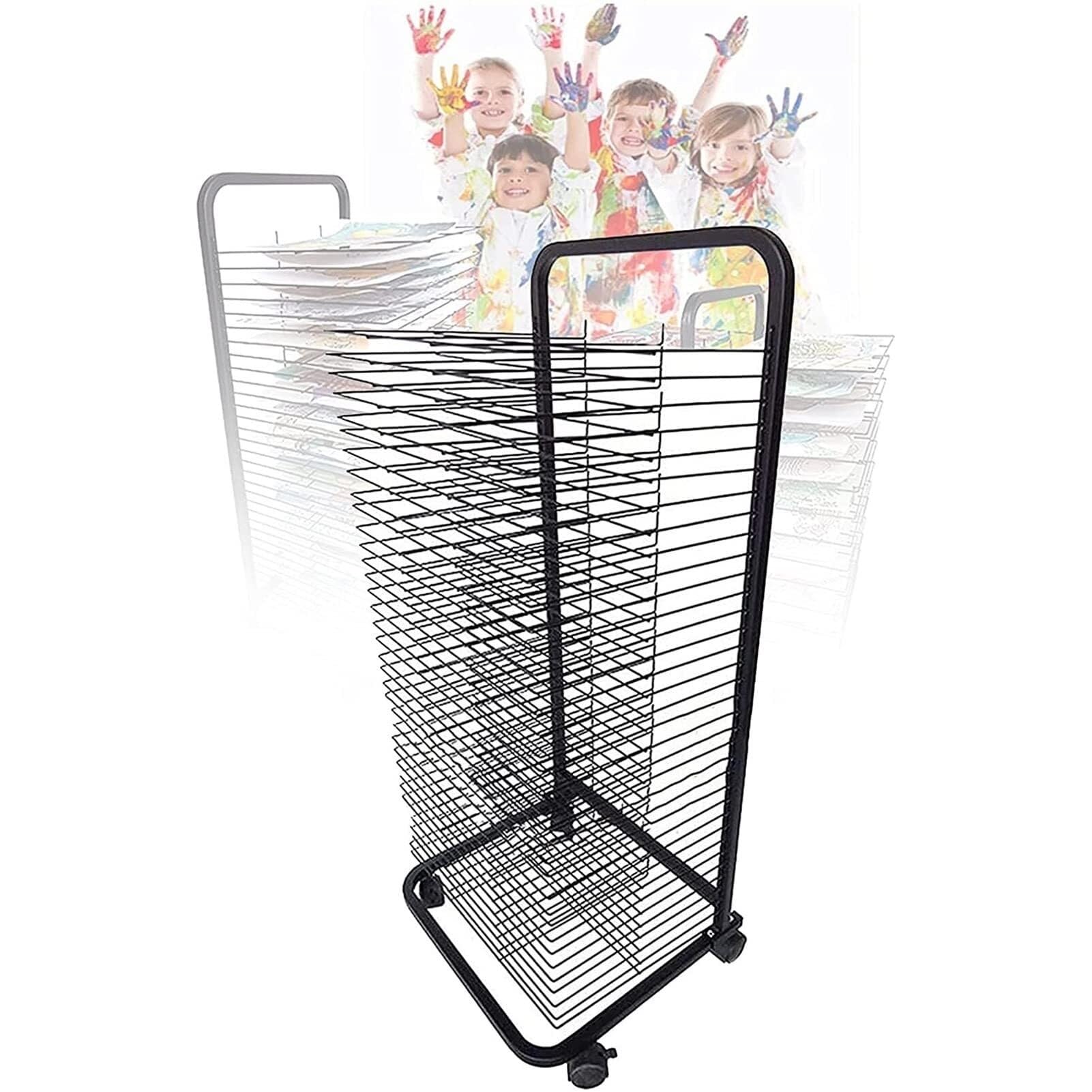 PPXCZZ Mobile Wire Art Drying Rack with 25 Flexible Shelves, A3 Paper Storage Cart with Wheels for Classroom & Studio(25 Layer)