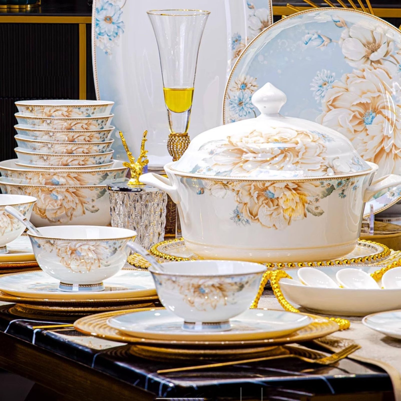 56 Piece Luxury Modern Bone China Dinnerware Set, Gold Rim Ceramic Tableware with Dinner Plates Bowls Soup Pot Service for 10 Dishwasher & Microwave Safe, Family Daily Use Party Housewarming Gift