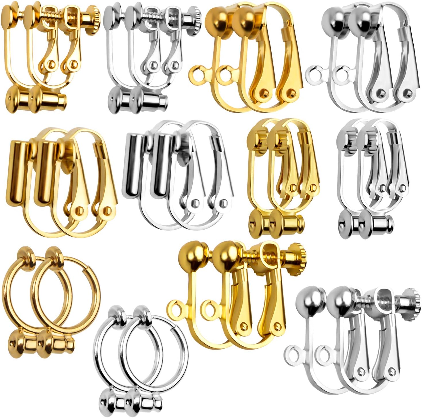 Clip-on Earring Findings,12 Pairs 6 Styles Earring Converters Components for Non Pierced Ears for Jewelry Making, Golden & Silver