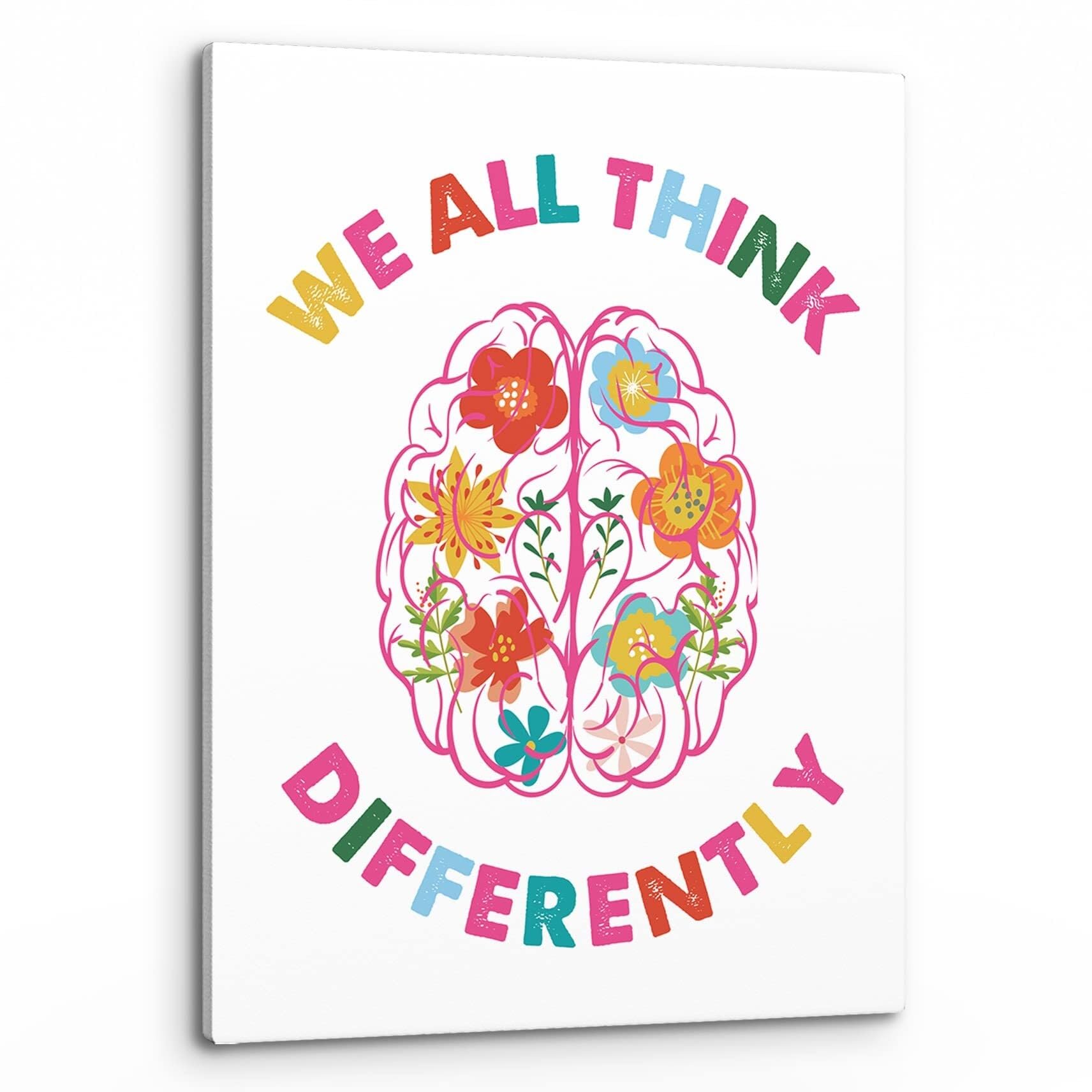 AUOQKQUT Inclusive Brain Art Canvas Wall-Art We All Think Differently Neurodiversity Print for Office Home Decor Framed,16x24inch(40x60cm)