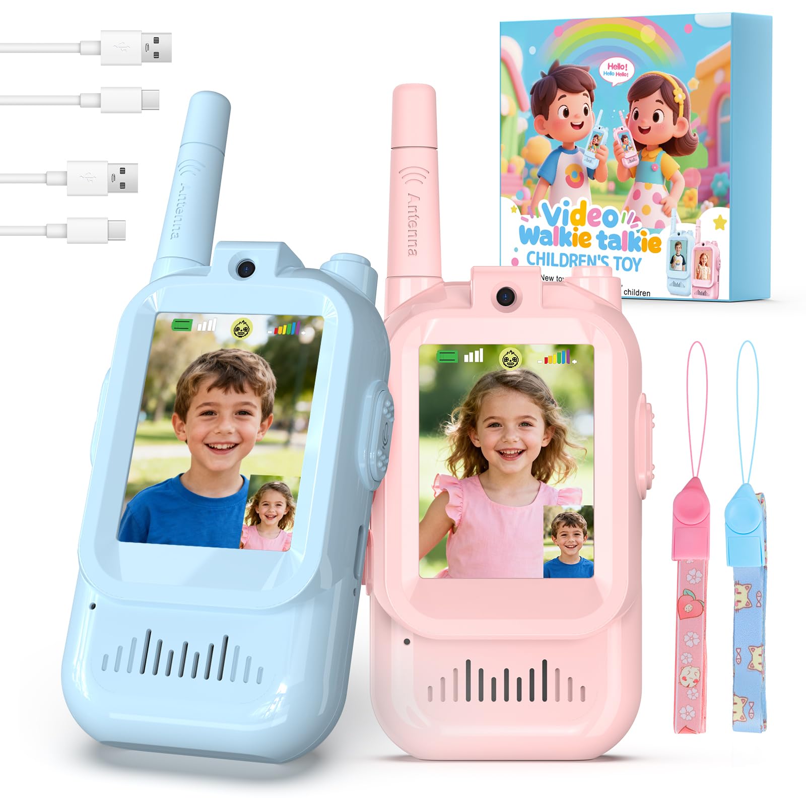 Video Walkie Talkie Kinder,2er Set Walky Talky Kinder Aufladbar Weihnachten Geschenk Spielzeug 3-12 Jahren Junge und Mädchen,5km Walki Talki für Abenteuer im Freien (Blau+Rosa, Einheitsgröße)