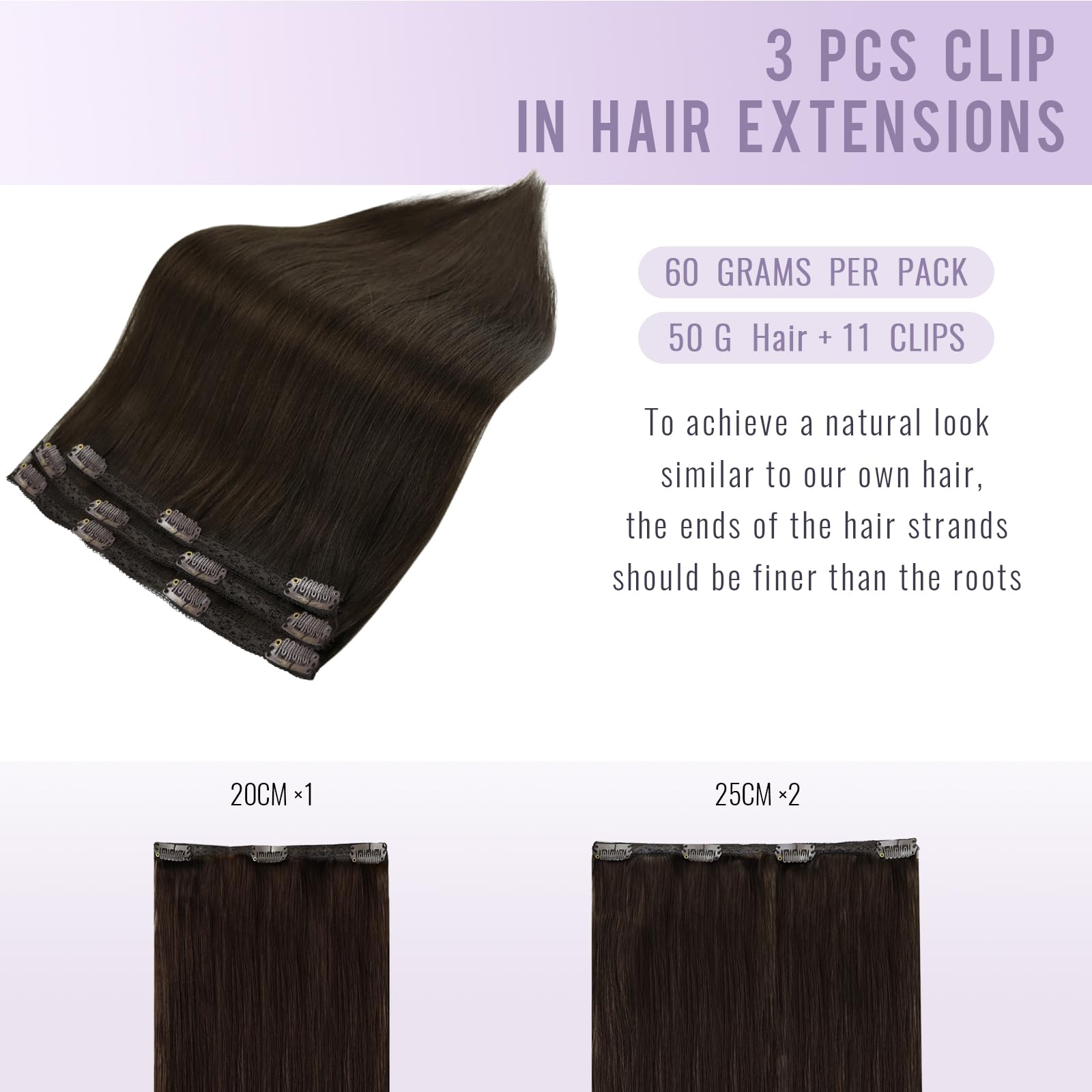 Clip in Hair Extension 50g 3 Pezzi Color 2 Marrone Scuro Lisci Extension con Clip 30cm Professionali Umani Extension per Bambina Double Weft Hair Extensions