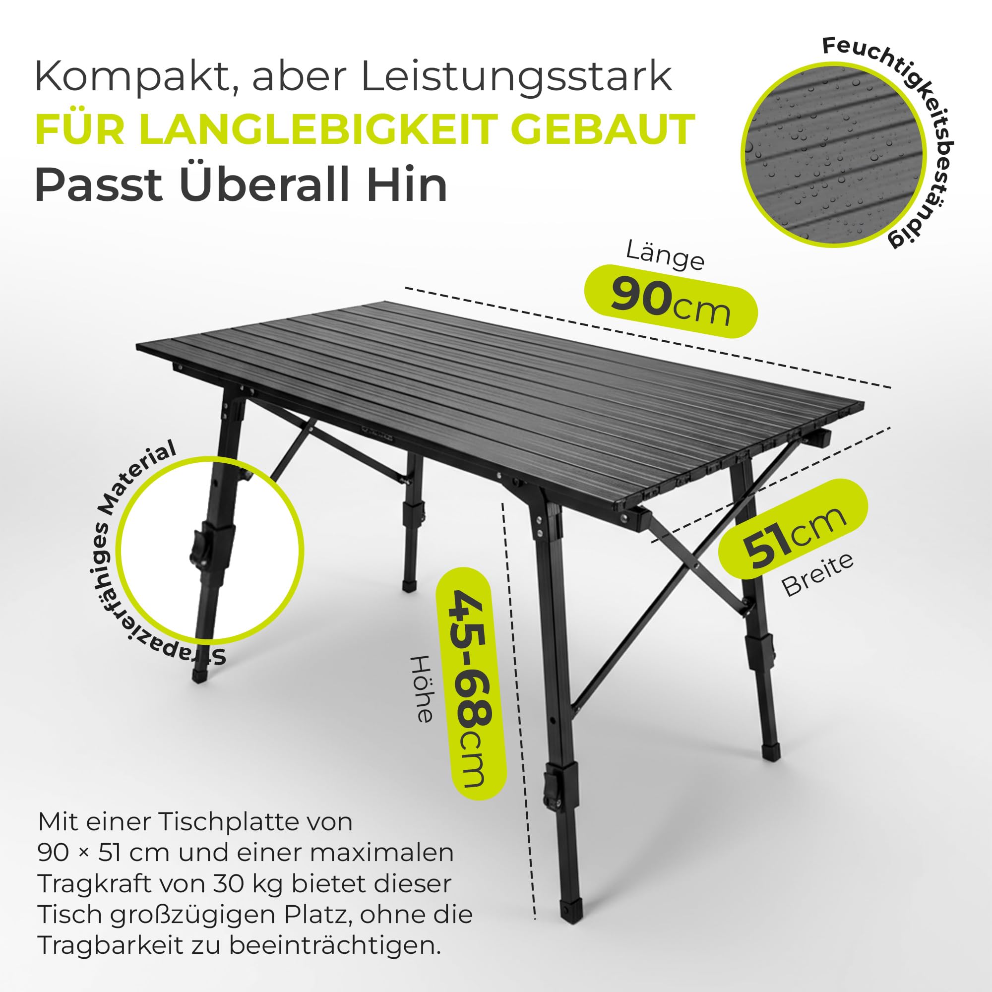 Camping-Tisch Klapptisch Klappbarer Multifunktionstisch Mehrzwecktisch; Höhenverstellbarer Falttisch mit aufrollbarer Tischplatte (90x51cm) & Tragetasche; belastbar bis 30kg