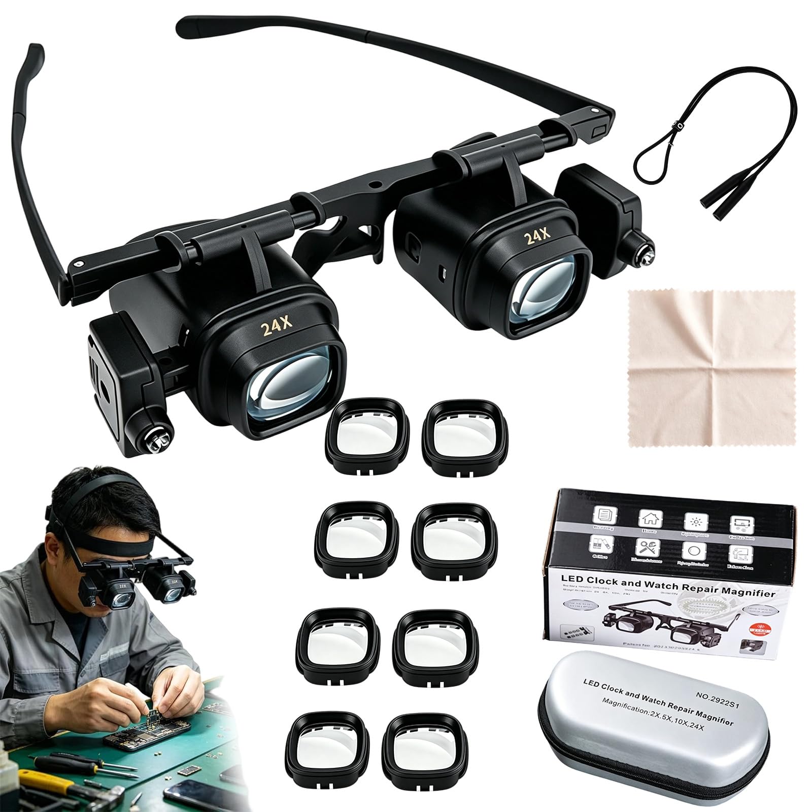 Precision Led Magnifier for Electronics & Crafts, 2X to 24X Interchangeable Lenses Magnifying Glasses, Head Magnifying Glass With Light for Jeweler Watch Repair (4 Lenses)