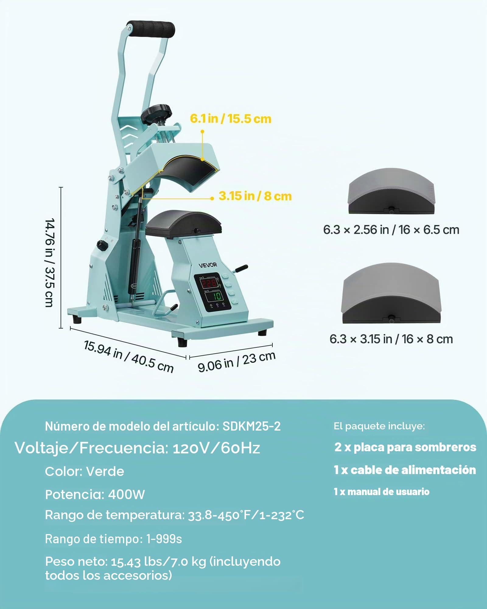 VEVOR Máquina de Prensado Térmico, Prensa de Transferencia Térmica con 2 Platinas Intercambiables, Control Preciso de Tiempo y Temperatura, Máquina de Sublimación HTV para Gorras, Diademas, Verde