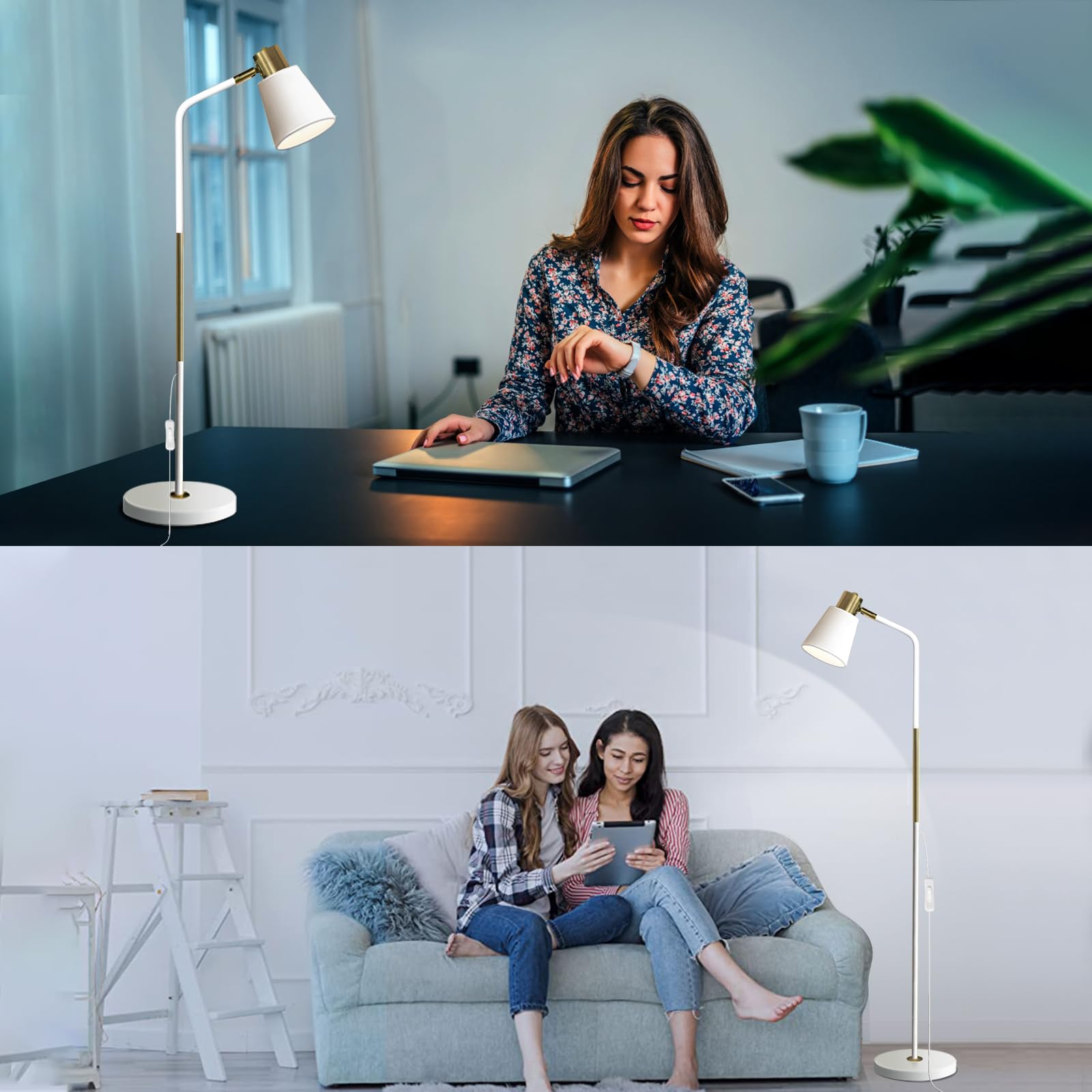 LALISU Stehlampe Industrielle Wohnzimmer Rustikale Bauernhaus Leselampe mit Metll Lampenshirm, Klassische Modern Standleuchte mit E27 LED Warmweiß Birne für Wohnzimmer, Schlafzimmer, Büro (Weiß)