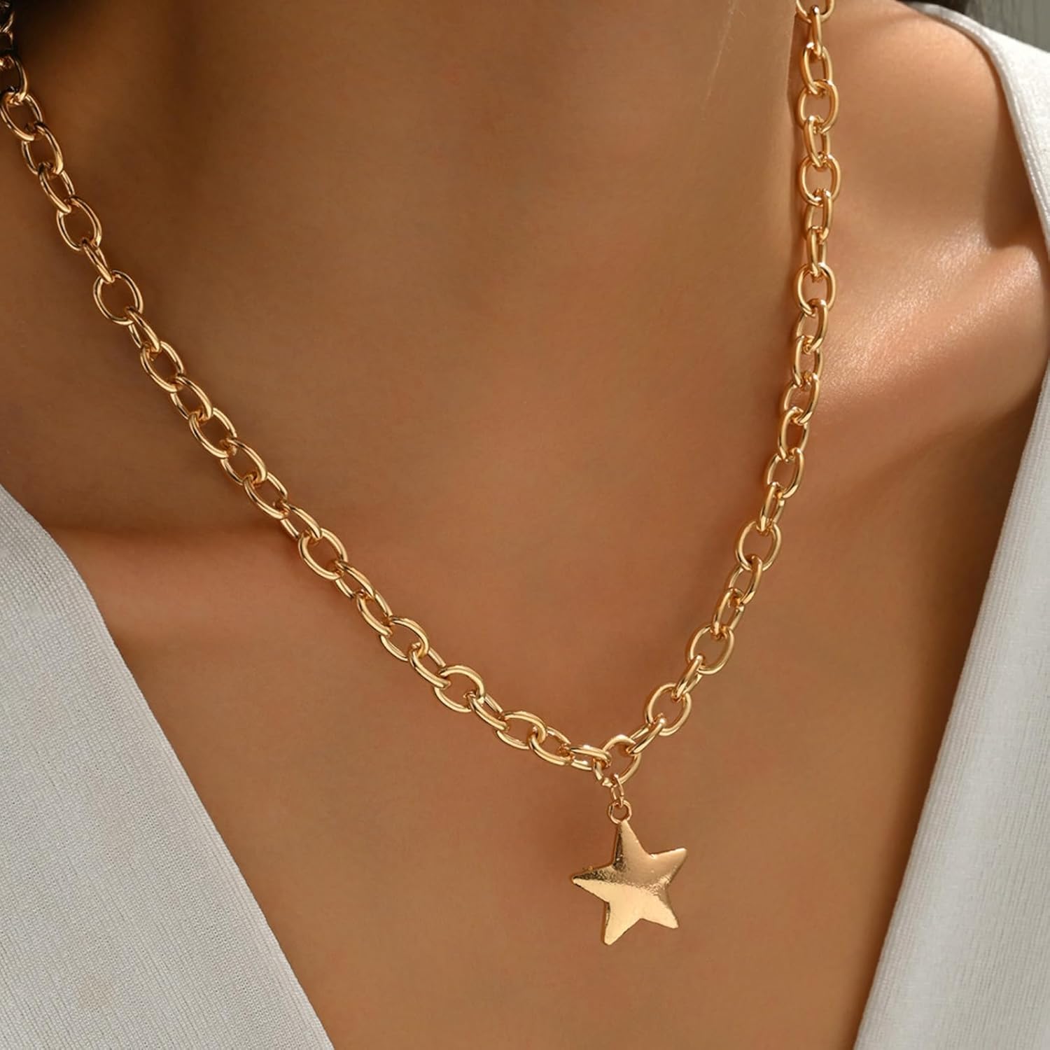 Frodete Chunky Gold Necklace Star Pendant for Women Statement Chain Jewelry Trendy Layered Necklaces Gold Star Necklace Fashion Gift - Image 3