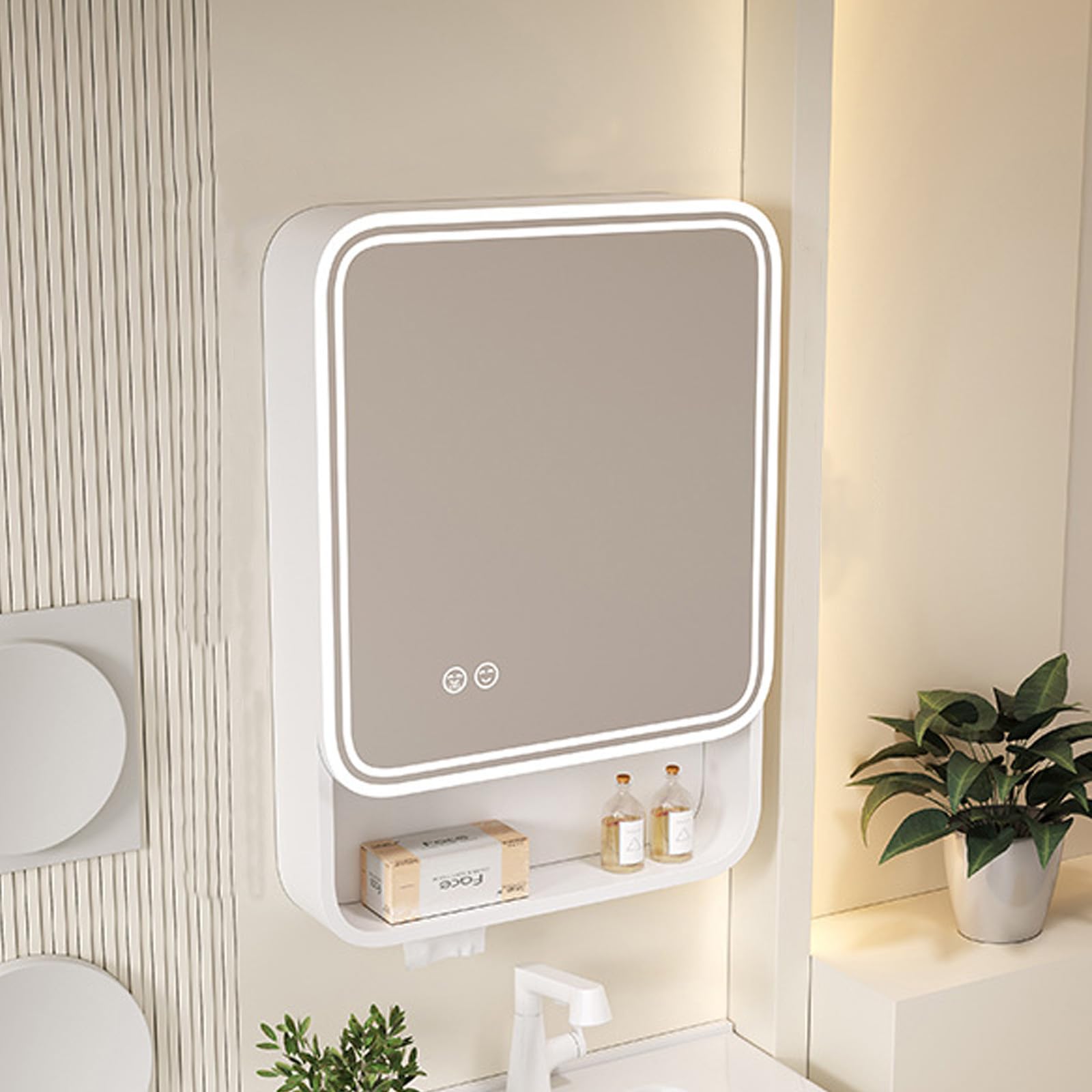 FGXHHS LED Illuminated Cabinet with Touch Control, Fog-Free Function & Ample Storage - Rectangle Design for Smart nization Modern Decor