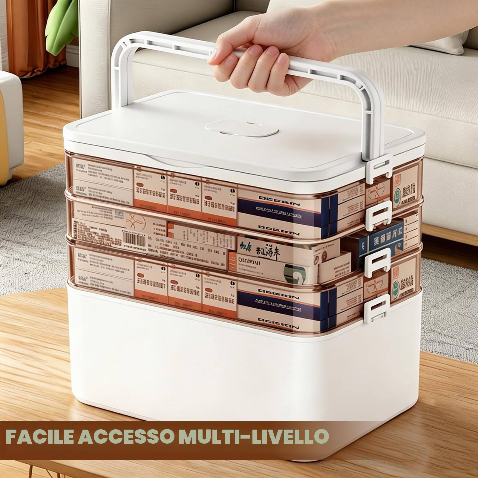 Contenitore Medicinali 4 Strati, Con Maniglia, Portapillole Viaggio | 30×16,5×24cm, 4 vani separati, Portapillole da viaggio estraibile nel coperchio, Plastica PP senza BPA