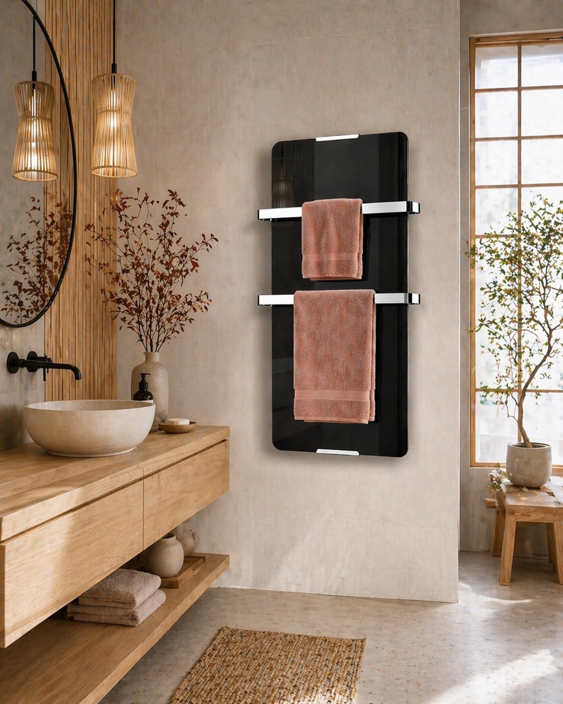 CHEMIN'ARTE Toallero Eléctrico para baño 600W, negro, Radiador Toallero Eléctrico Bajo Consumo IP24-2 toalleros de acero inoxidable