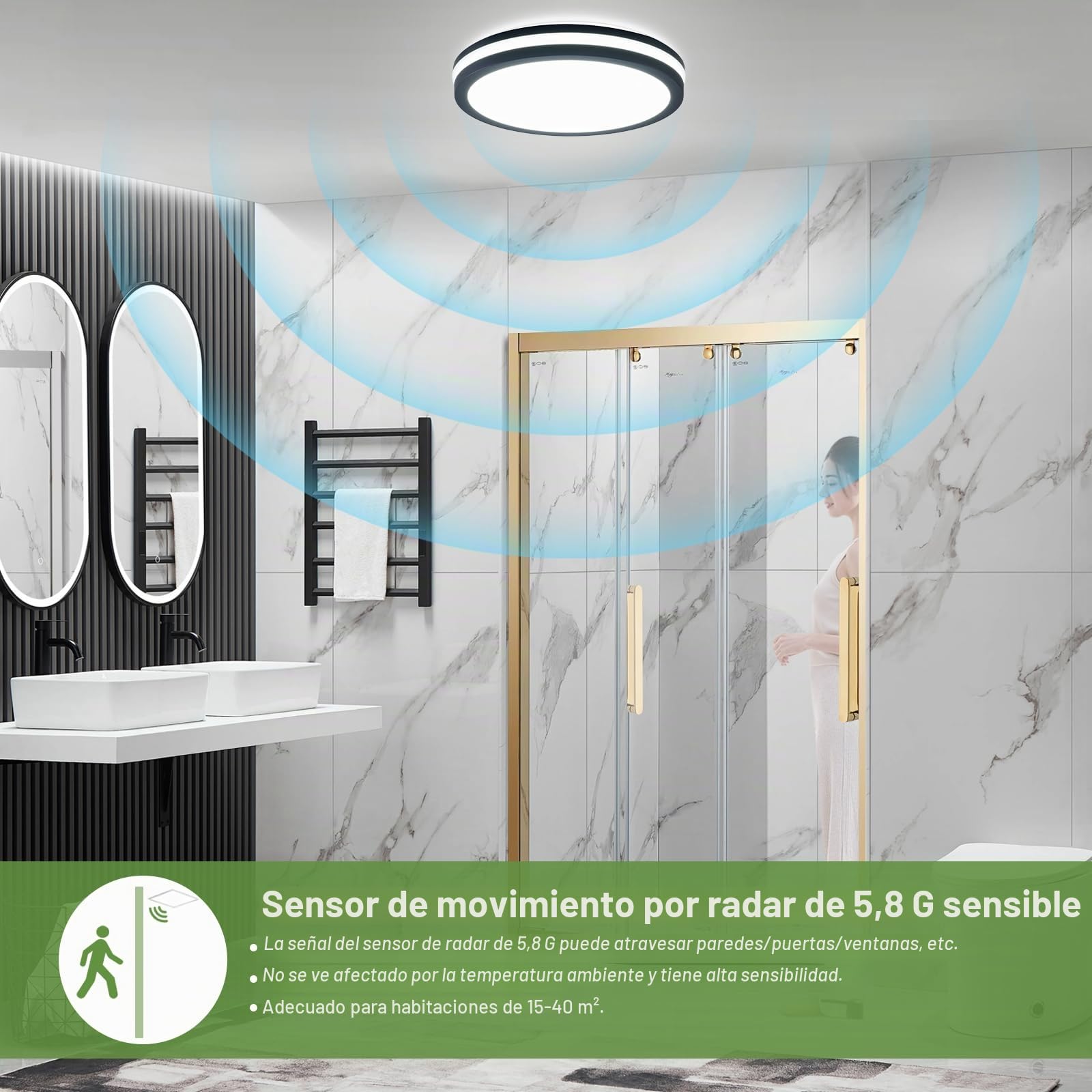 LEZOE Lámpara de techo LED con detector de movimiento IP65 impermeable, 24W/30W 4500lm 150(Lm/W), sensor 3000K/4000K/6500K Ideal para baño, garaje, sótano, pasillo, balcón, entrada Ø26cm Gris