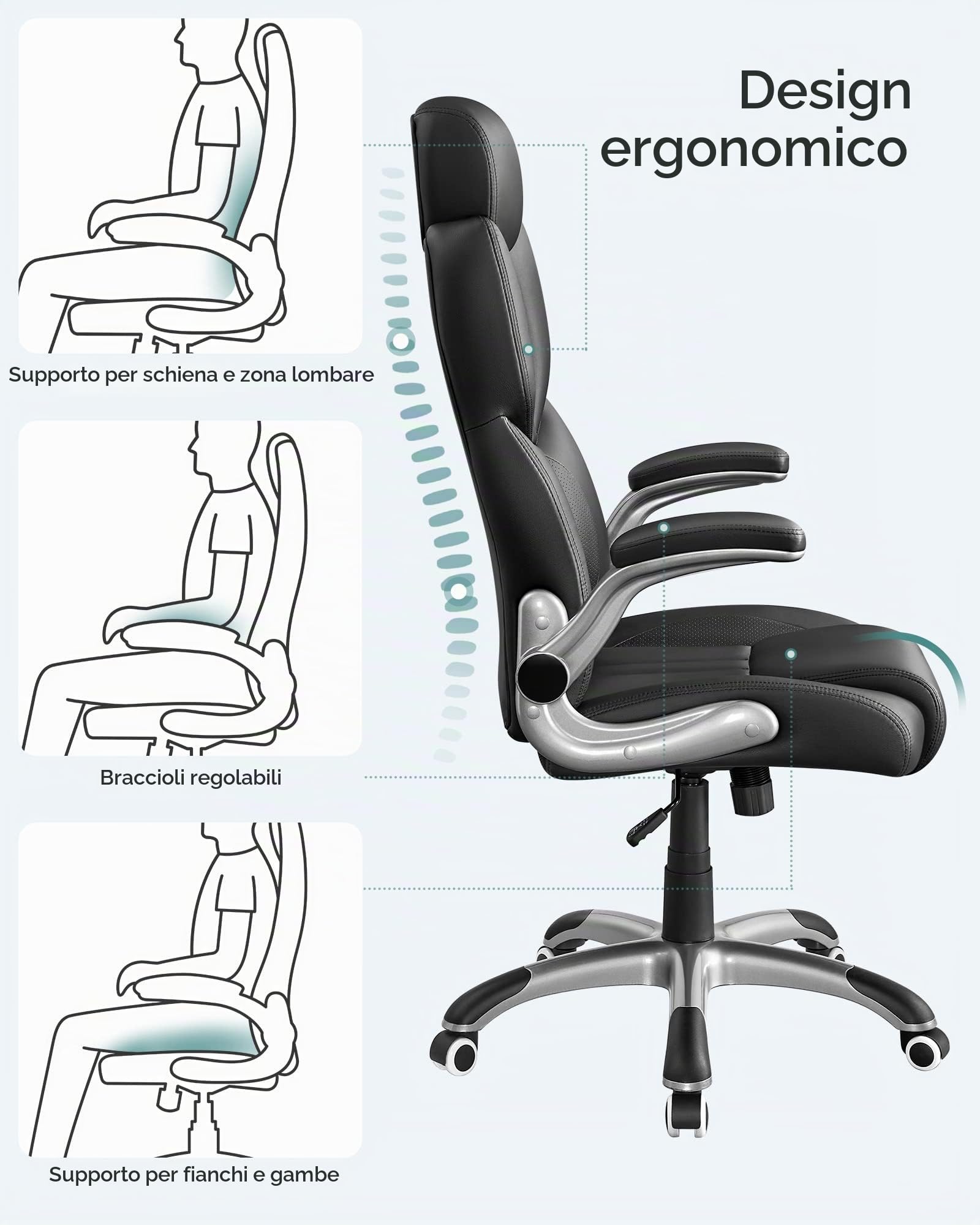 SONGMICS Sedia da Ufficio, Poltrona Girevole Ergonomica, con Braccioli Pieghevoli, Base a Stella in Nylon, Carico Massimo 150 kg, Nero OBG65BK