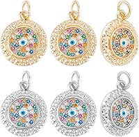 Vista 34 de Beebeecraft 5Pcs/Box Evil Eye Charms 18K Gold Plated Brass Flat Round with Blue Cubic Zirconia Turkish Evil Eye Pendants Jewelry Making Findings for