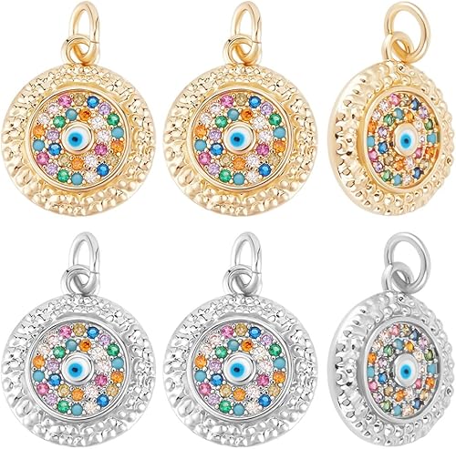 Miniatura 34 de Beebeecraft 5Pcs/Box Evil Eye Charms 18K Gold Plated Brass Flat Round with Blue Cubic Zirconia Turkish Evil Eye Pendants Jewelry Making Findings for