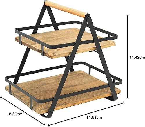 Miniatura 10 de TIEYIPIN Organizador desmontable de 2 niveles para cesta de frutas, almacenamiento de encimera de metal y madera con mango de madera para cocina,